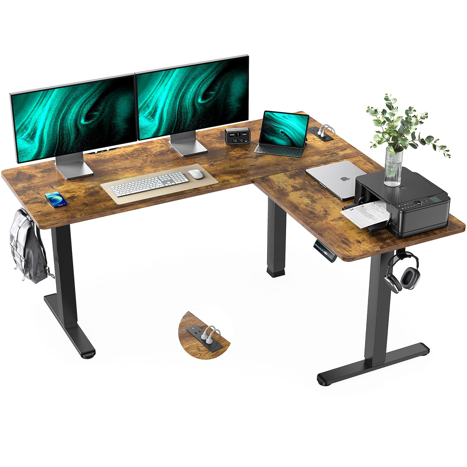Marsail Adjustable Height Electric Standing Desk - L-Shaped Home Office Desk with 4-in-1 Power Outlet & Headphone Hook | Sturdy Writing Workstation for Home Office, Gaming & Remote Work (Rustic Finish)