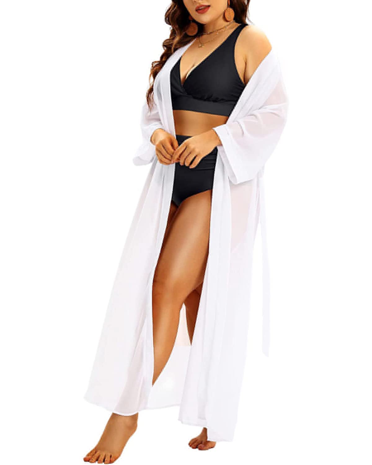 Plus Size Chiffon Beach Cover Up - Long Open Front Kimono Cardigan for Women | Lightweight Bikini Wrap for Pool, Beach & Summer Vacations