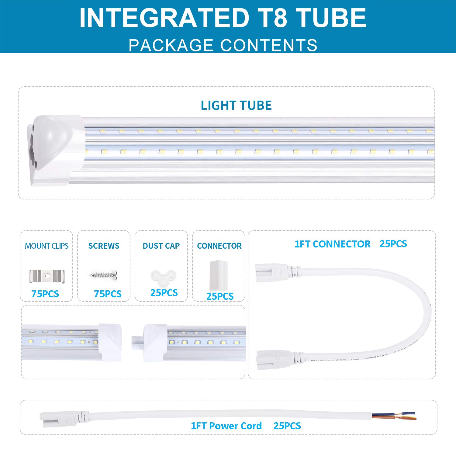 8 Foot LED Tube Light, T8 72W V-Shaped Bulbs - 6000K Daylight White, Clear Lens, Plug and Play Fluorescent Replacement - Energy Saving Shop Lighting for Garages, Warehouses & Retail Stores (8-Pack)