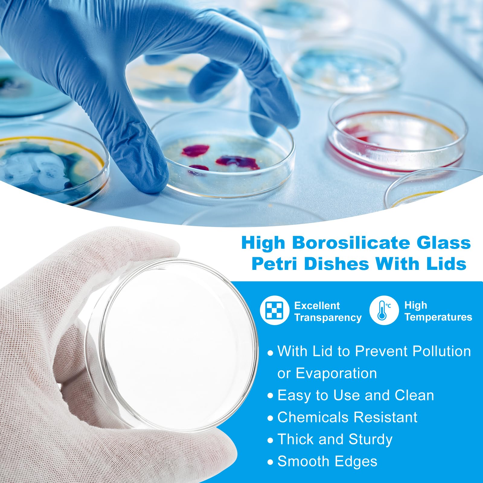90mm High Borosilicate Glass Petri Dishes with Lids - 5 Pcs Lab Petri Plates for Science Experiments, Microbiology, Cell Culture & Classroom Use - Clear Borosilicate Glass
