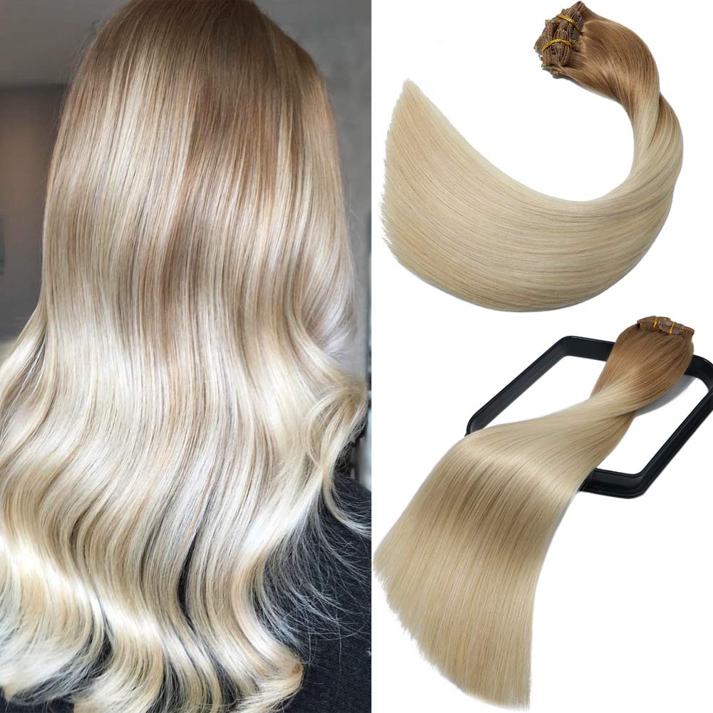 Aison 22 Inch Clip-in Human Hair Extensions - 7pcs 120g Golden Brown to Platinum Blonde Ombre Straight Wefts for Long Thick Hair | Perfect for Parties, Weddings & Daily Styling