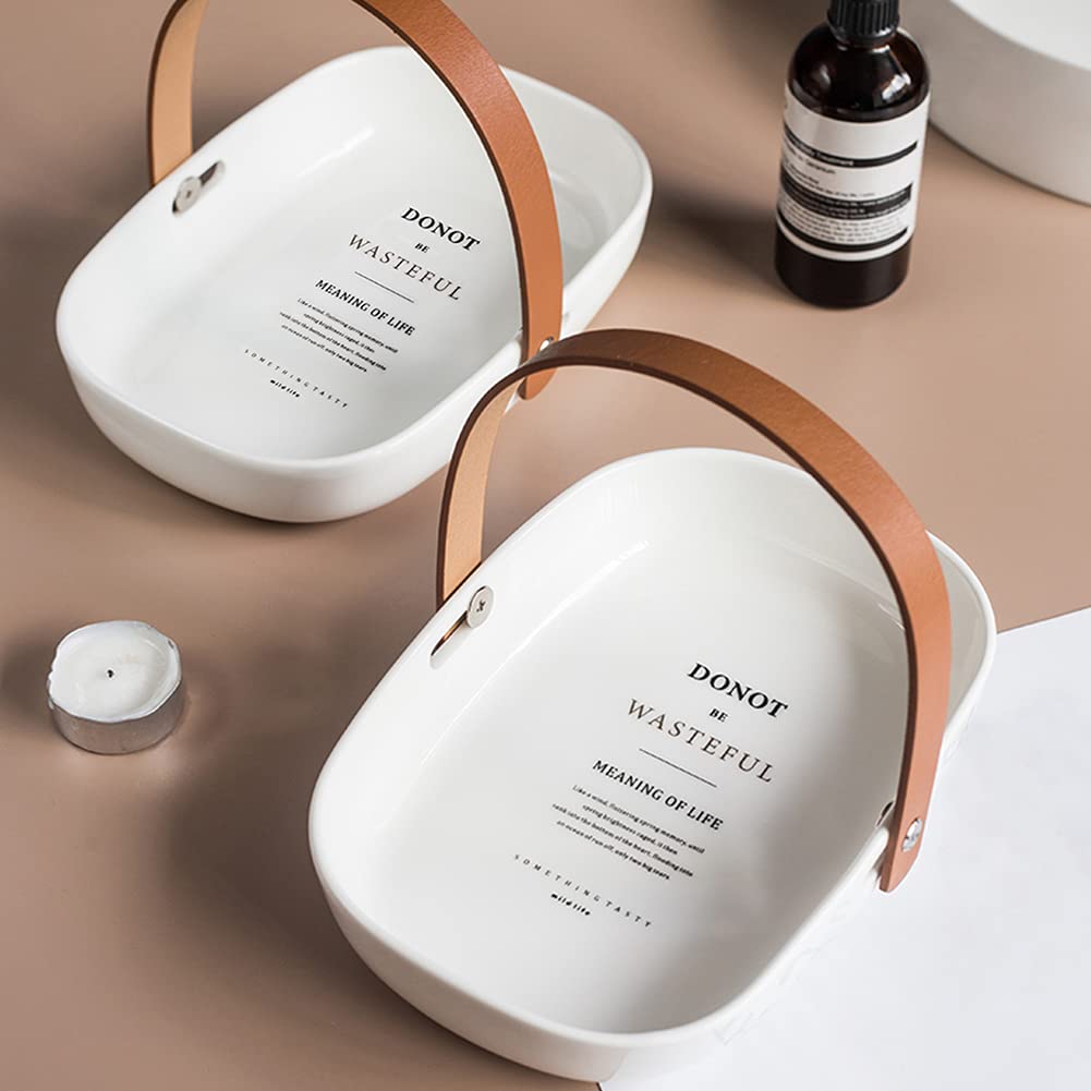 Nordic Ceramic Serving Tray with Handle - Elegant Oval Fruit Bowl & Decorative Storage Basket for Kitchen, Dining Table, Party Centerpiece | Perfect for Entertaining, Home Decor, and Gift Giving