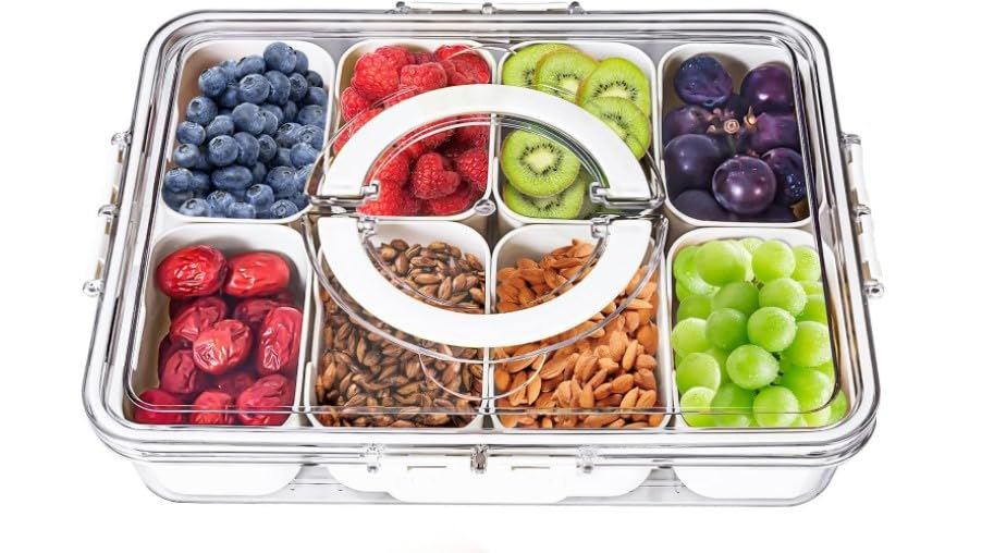 8-Compartment Divided Food Storage Container with Lid & Handle | Clear Portable Snack Box for Lunch, Picnics & Parties | BPA-Free Plastic Snackle Box for Kids & Adults