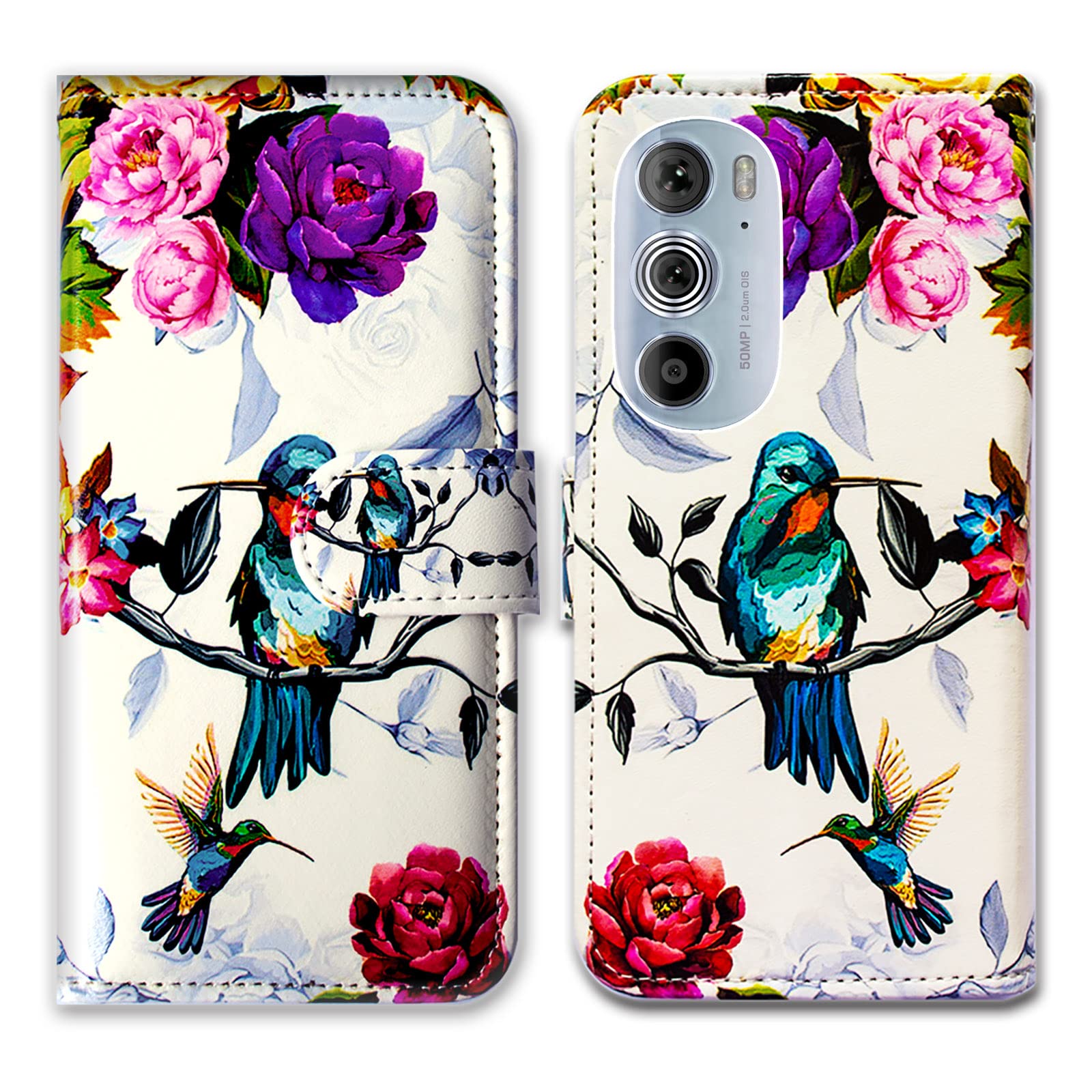 Motorola Edge Plus 2022 Case - Premium Leather Flip Wallet Cover with Card Slots & Kickstand | Beaucov Hummingbird Flower Design | Protective Phone Case for Motorola Moto Edge Plus 2022/Edge+ 2022 | Perfect for Business, Travel & Everyday Use