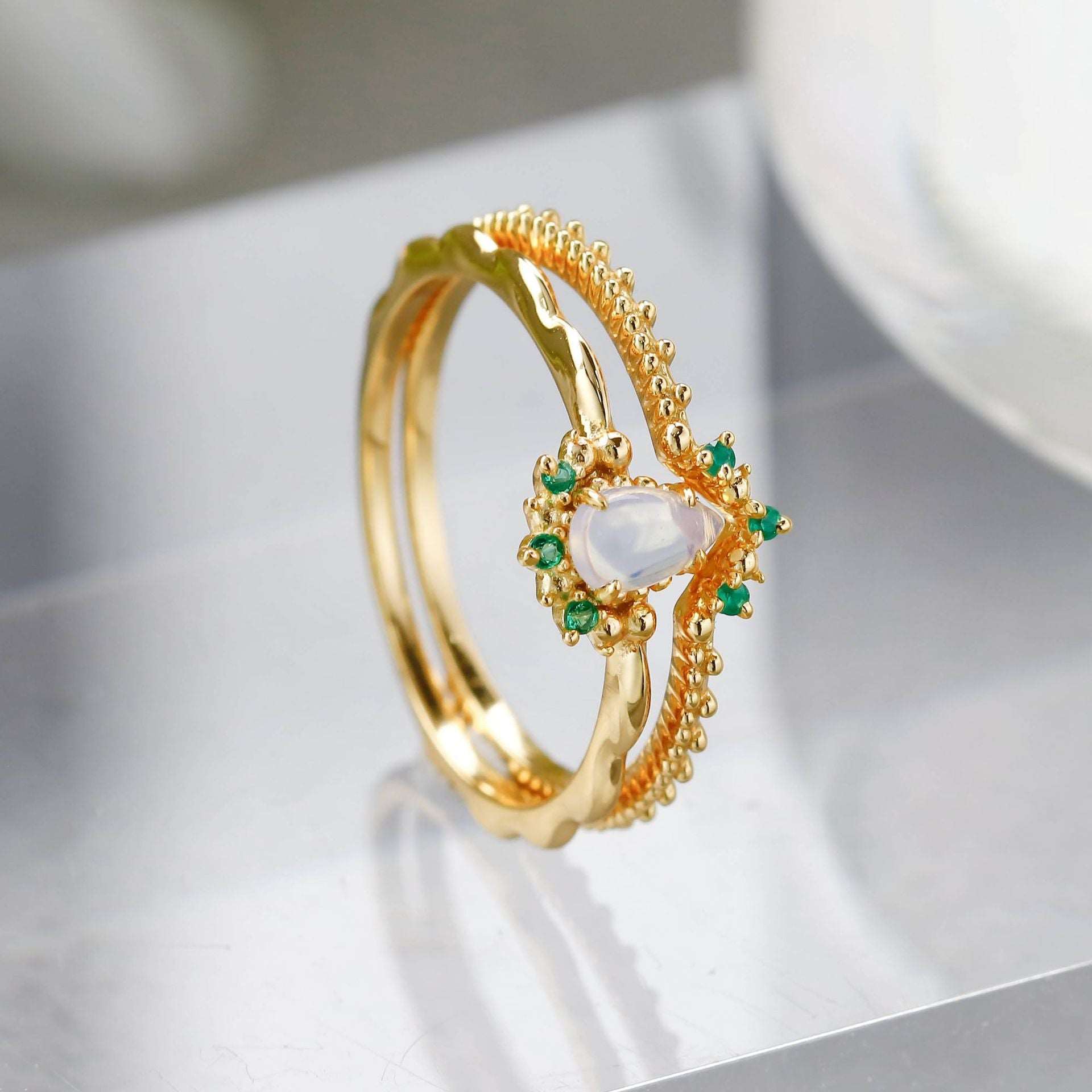 14K Gold Opal Birthstone Curved Ring Set for Women - October Birthstone Jewelry Gift | Elegant Stackable Rings for Anniversary, Birthday & Special Occasions | TB2154