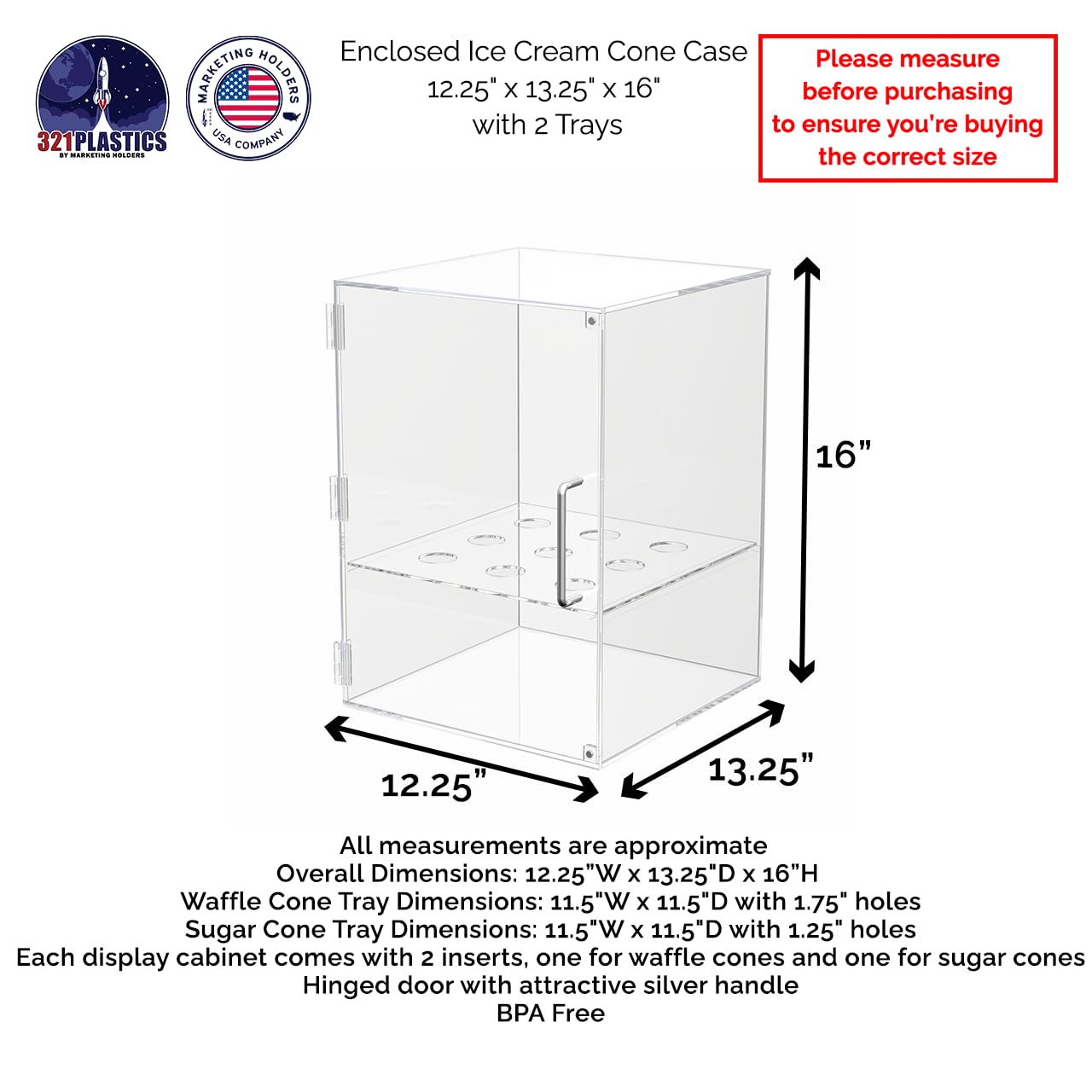 Clear Acrylic Enclosed Ice Cream Cone Display Cabinet - 9 Hole Storage for Sugar/Waffle Cones with Silver Handle & Door Closure - Perfect for Ice Cream Shops, Bakeries & Dessert Displays