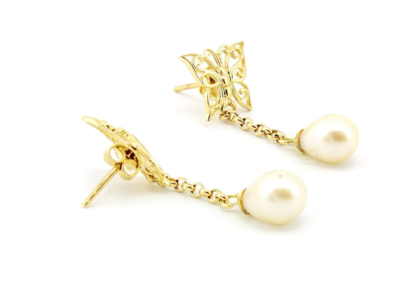 14K Solid Gold Drop Pearl Dangle Earrings for Women - Elegant Lace Butterfly Design, Perfect Gift for Wife, Anniversary, Valentine's Day | Everyday Wear, Date Night, Special Occasions