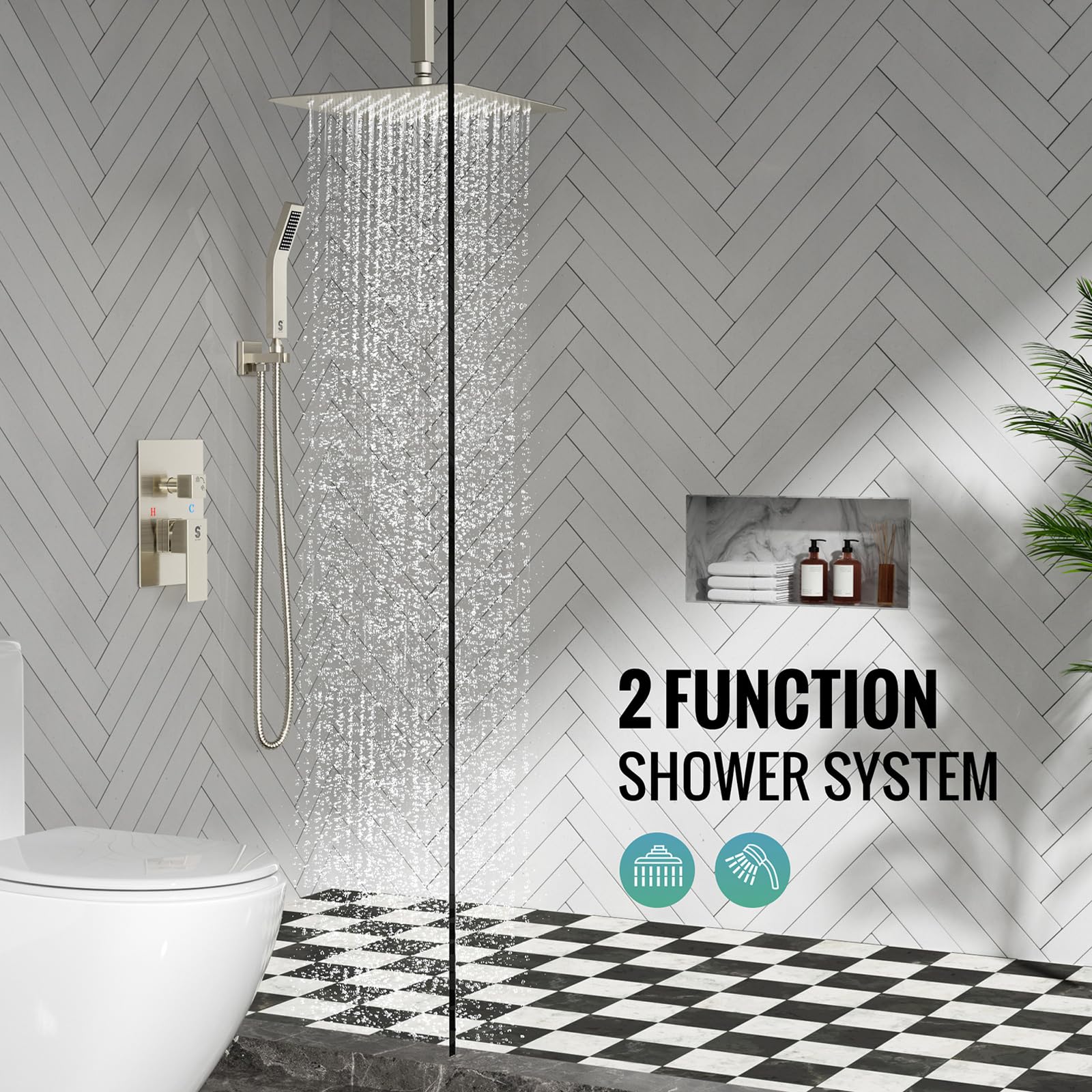 SR SUN RISE 10 Inch Brass Ceiling Mounted Rainfall Shower System - Brushed Nickel Luxury Bathroom Shower Combo Set with Rain Mixer - Perfect for Spa-Like Experience in Master Bathrooms and Luxury Hotels
