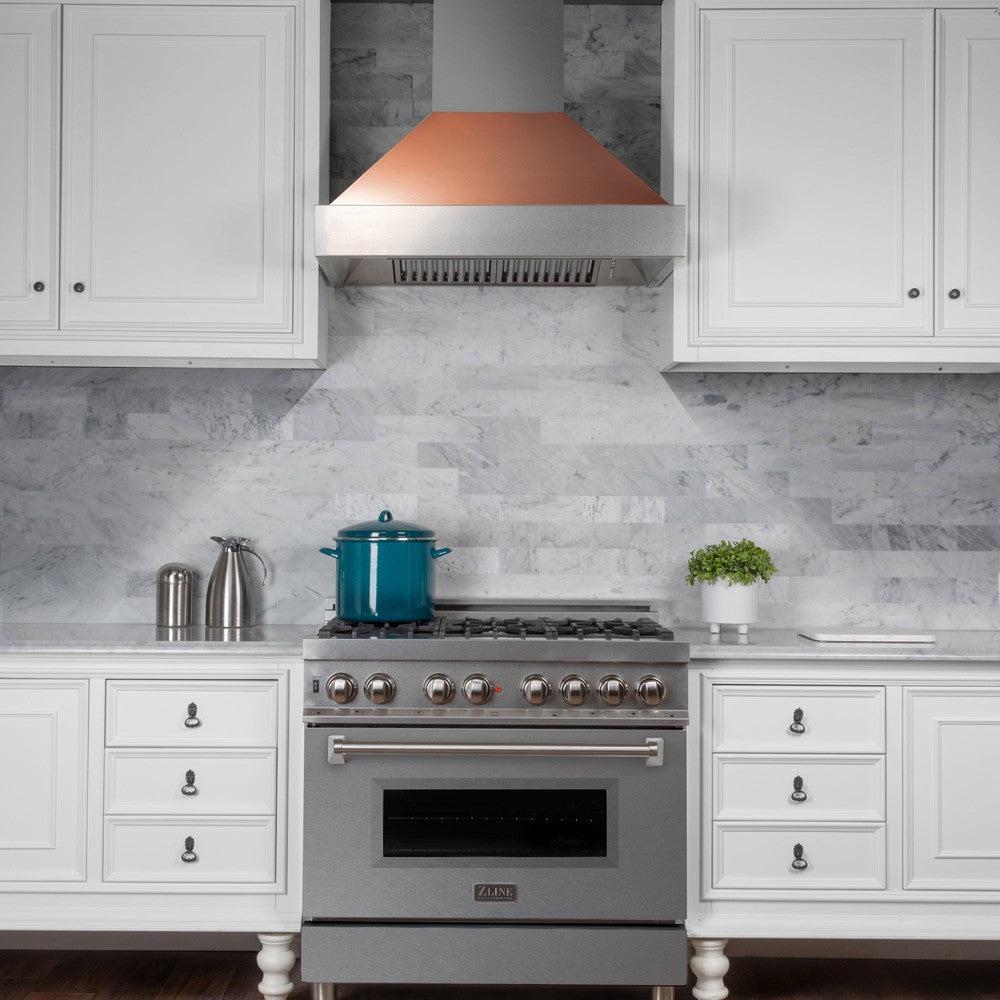 ZLINE 36 Inch Ducted Wall Mount Range Hood - Satin Stainless Steel with Copper Shell (8654C 36) | Powerful Kitchen Ventilation for Gas Stoves & Cooking Smoke Removal