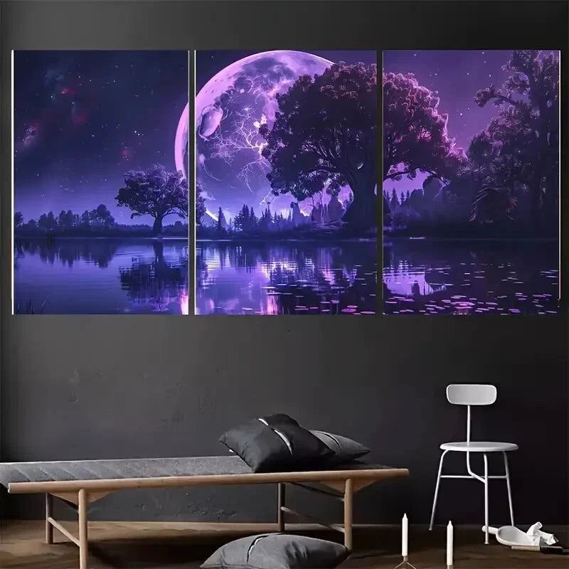 3-Piece Large Purple Moon Modern Metal Wall Art Prints - Ready to Hang Home Decor for Living Room, Bedroom & Office
