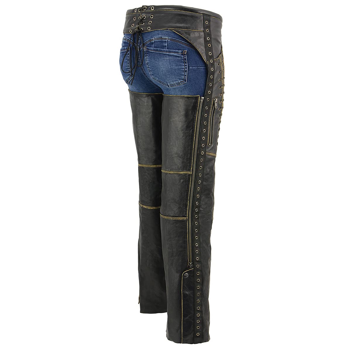 Premium Milwaukee Leather Chaps for Women - Black Motorcycle Riding Pants with Skin-Rubbed Seams & Lace Detailing (MLL6527) - Perfect for Harley Davidson Rides & Biker Events