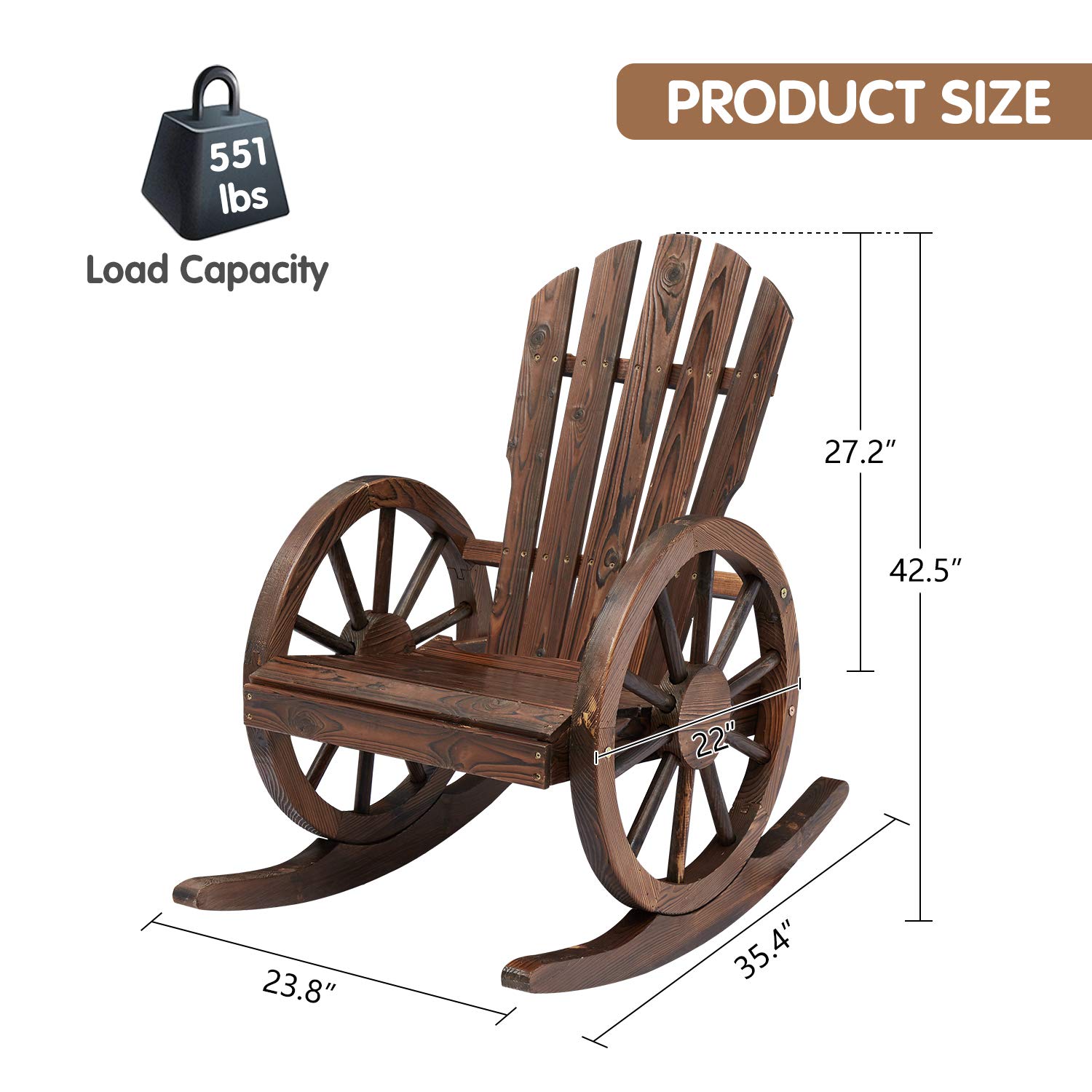 **Kinsuite Rustic Fir Wood Wagon Wheel Rocking Chair - Outdoor Patio Garden Armrest Chair for Country Yard & Porch - Perfect for Relaxing, Reading, and Enjoying Nature**