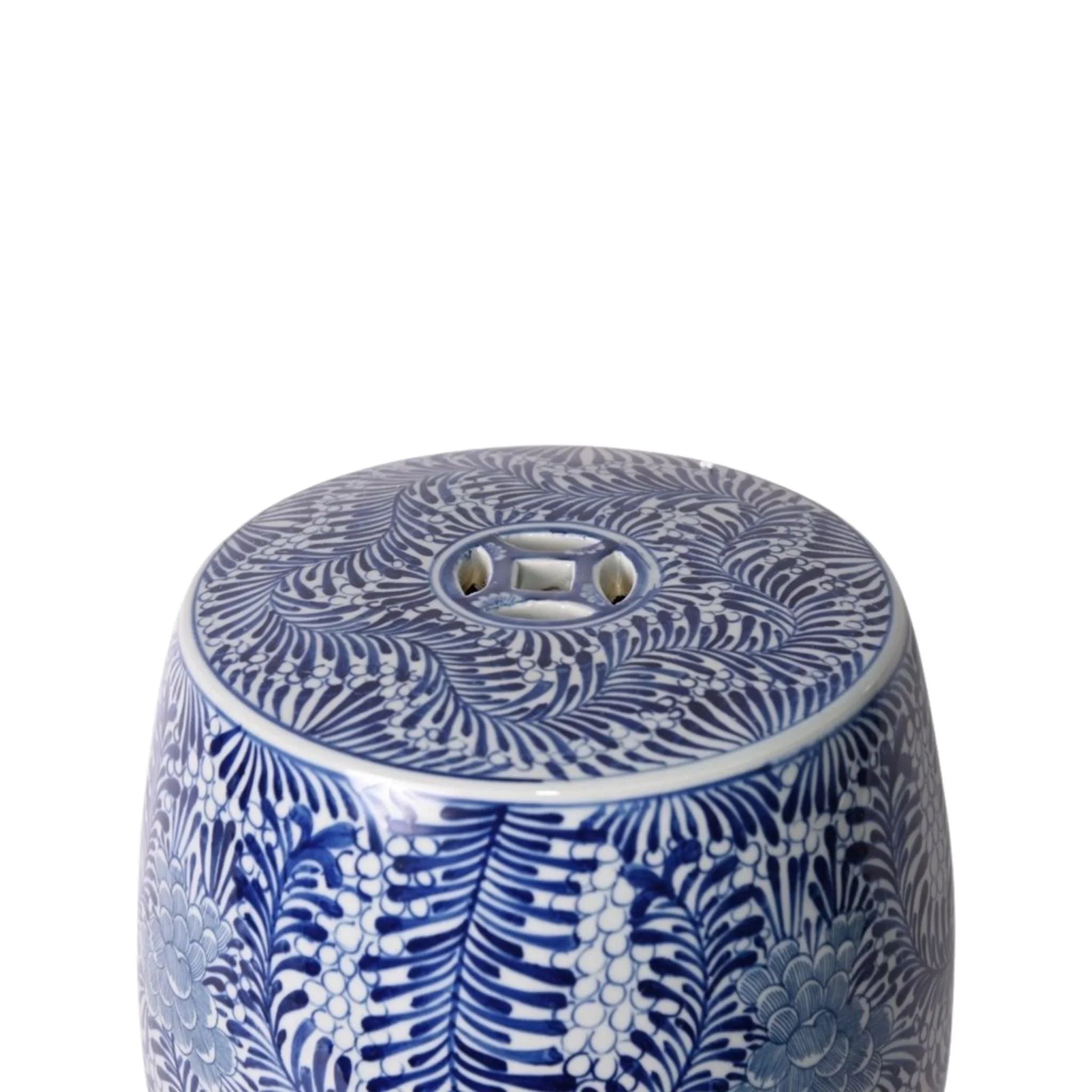 Blue and White Porcelain Garden Stool with Blooming Flower Design - Outdoor Decorative Seat for Patio, Garden, or Home Decor