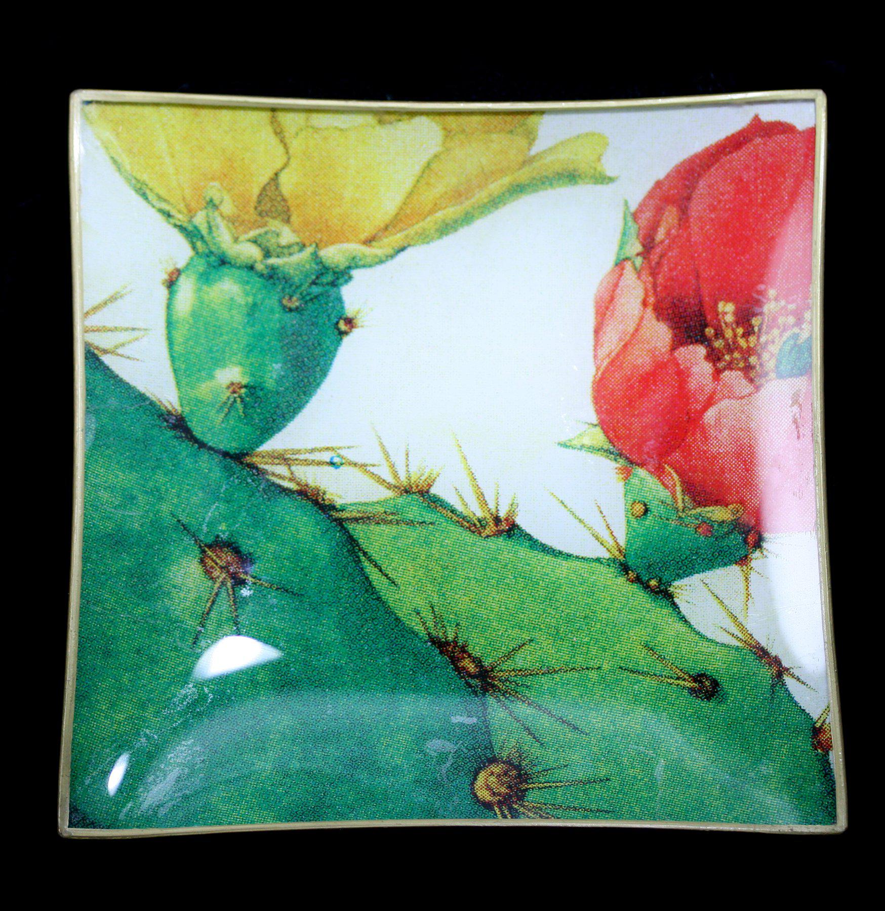Decorative Cactus Blossom Glass Serving Tray - Handmade Decoupage Art for Dining, Breakfast in Bed, or Home Decor