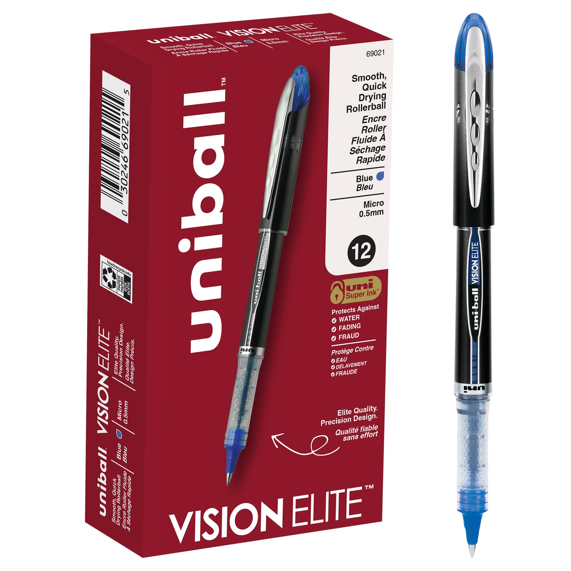 Uniball Vision Elite Rollerball Pens - 12 Pack Blue Fine Point 0.5mm Micro Pens for Smooth Writing | Office, School & Journaling Supplies | Perfect for Note Taking, Sketching & Everyday Use