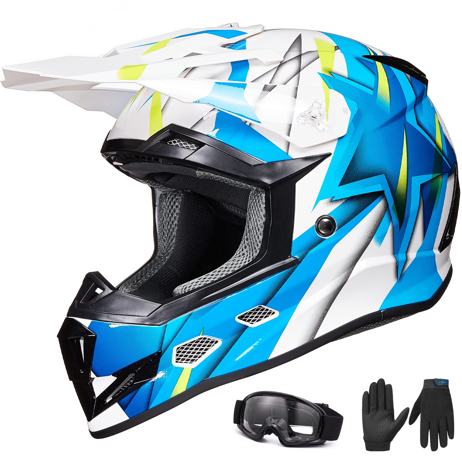 **ILM Youth Kids Dirt Bike Helmet - DOT Certified Full Face ATV Motocross Motorcycle Helmet Combo with Gloves & Goggles for Boys & Girls - Model H613 (Blue, Large) - Perfect for Off-Road Riding, Trail Adventures & Motocross Racing**