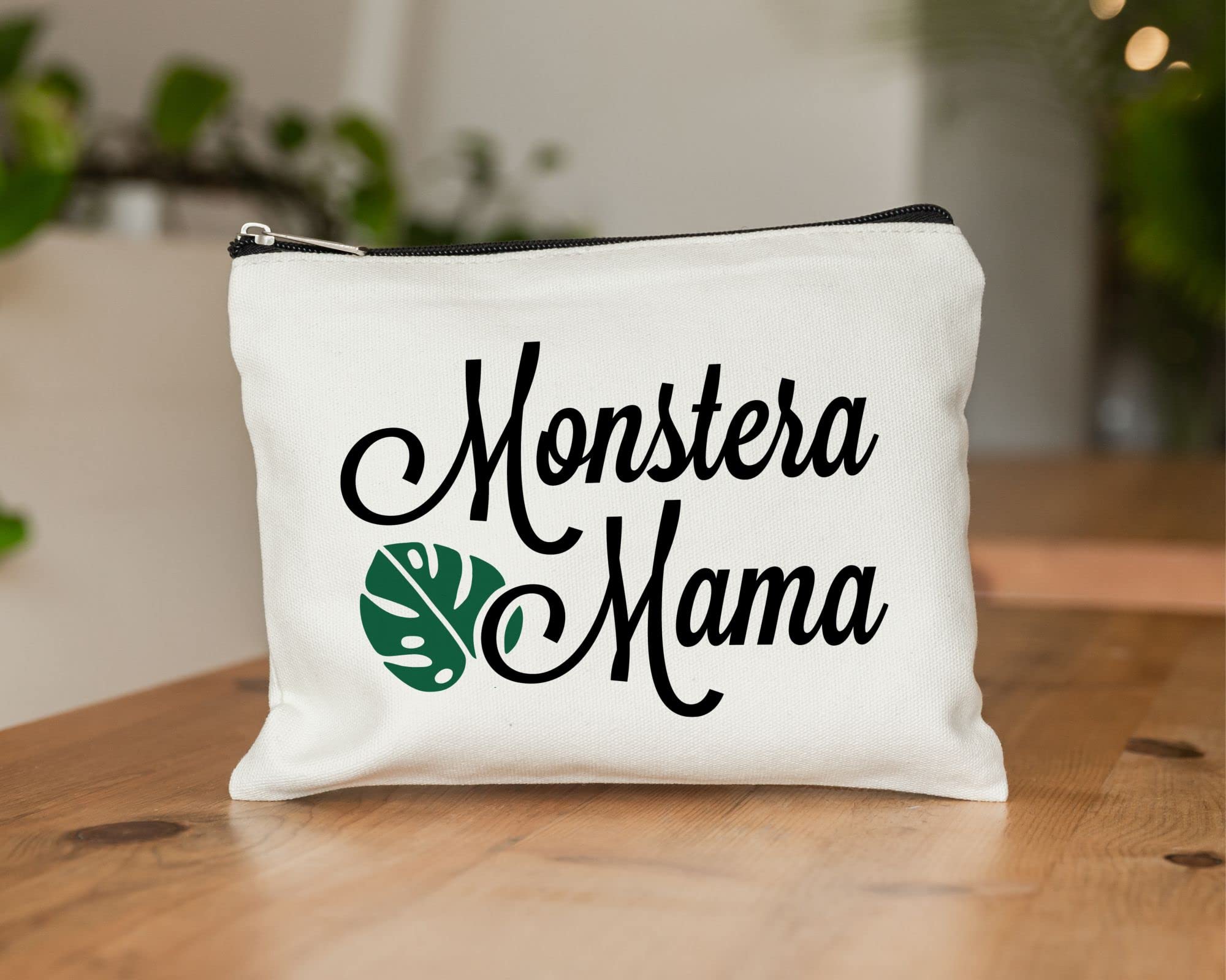 Moonwake Designs Monstera Mama Makeup Bag - Beige Cotton Canvas Cosmetic Pouch for Women, Plant Lover Gift Idea - Perfect for Travel, Gym & Daily Essentials Organization