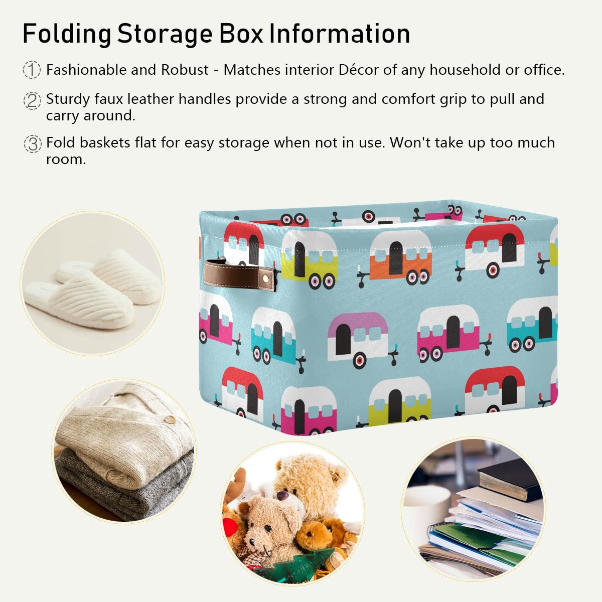 Happy Camper Caravan Square Storage Basket - 2 Pack Canvas Storage Organizer for Closet, Shelf, Home & Office - Perfect for Organizing Toys, Books, and Office Supplies