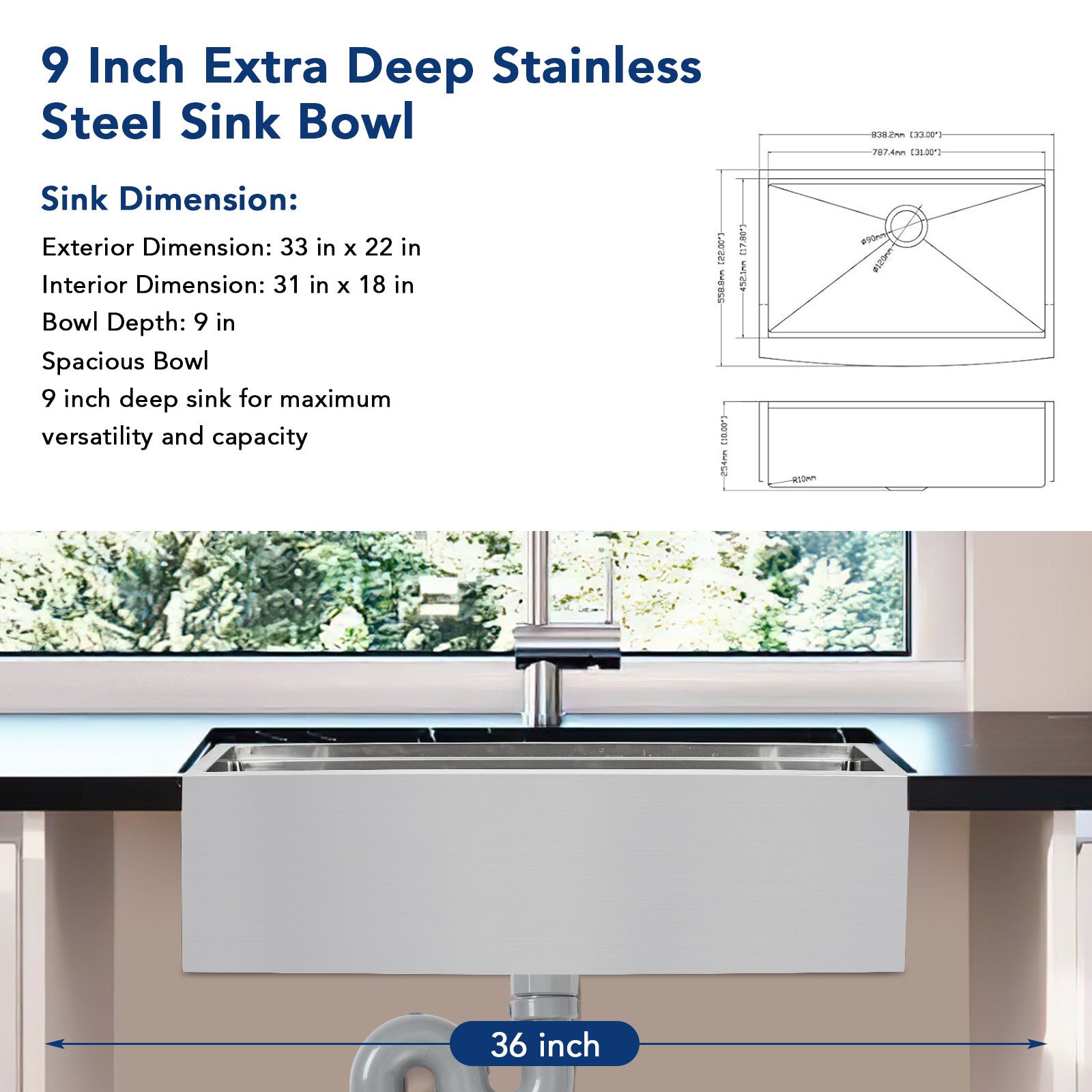 GARVEE 33 Inch Farmhouse Kitchen Sink - 33x22 Stainless Steel Apron Front Single Bowl Sink with Accessories | 16 Gauge Deep Basin for Modern Farmhouse, Rustic & Country Style Kitchens | Perfect for Food Prep, Washing Large Pots & Entertaining