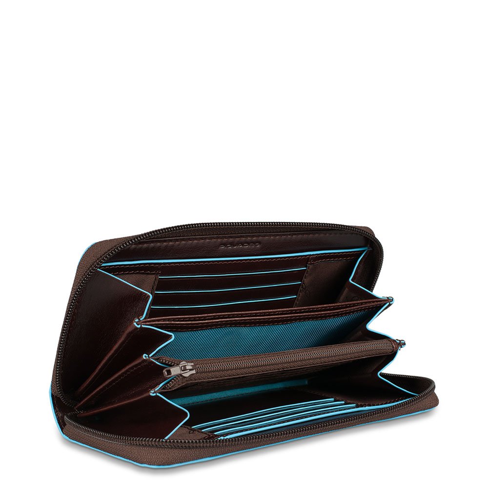 Piquadro Women's Leather Wallet with Zipper Closure, 3 Gussets, Coin Pocket & Multiple Credit Card Slots - Elegant Mahogany Brown for Everyday Use & Travel Essentials