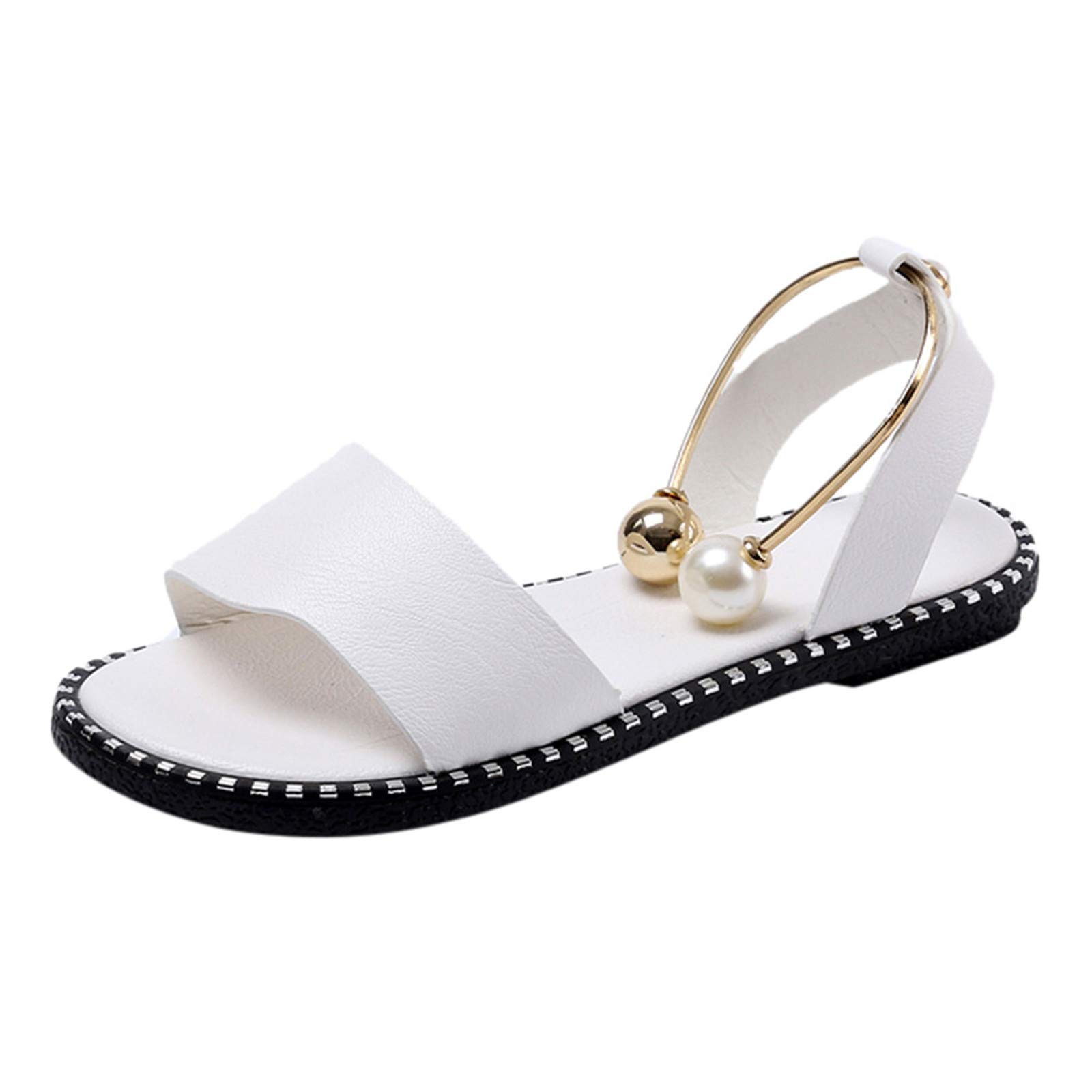 Women's Casual Pearl Buckle Round Toe Sandals - Black Comfortable Yoga & Walking Shoes for Ladies - Perfect for Beach, Travel, and Everyday Wear