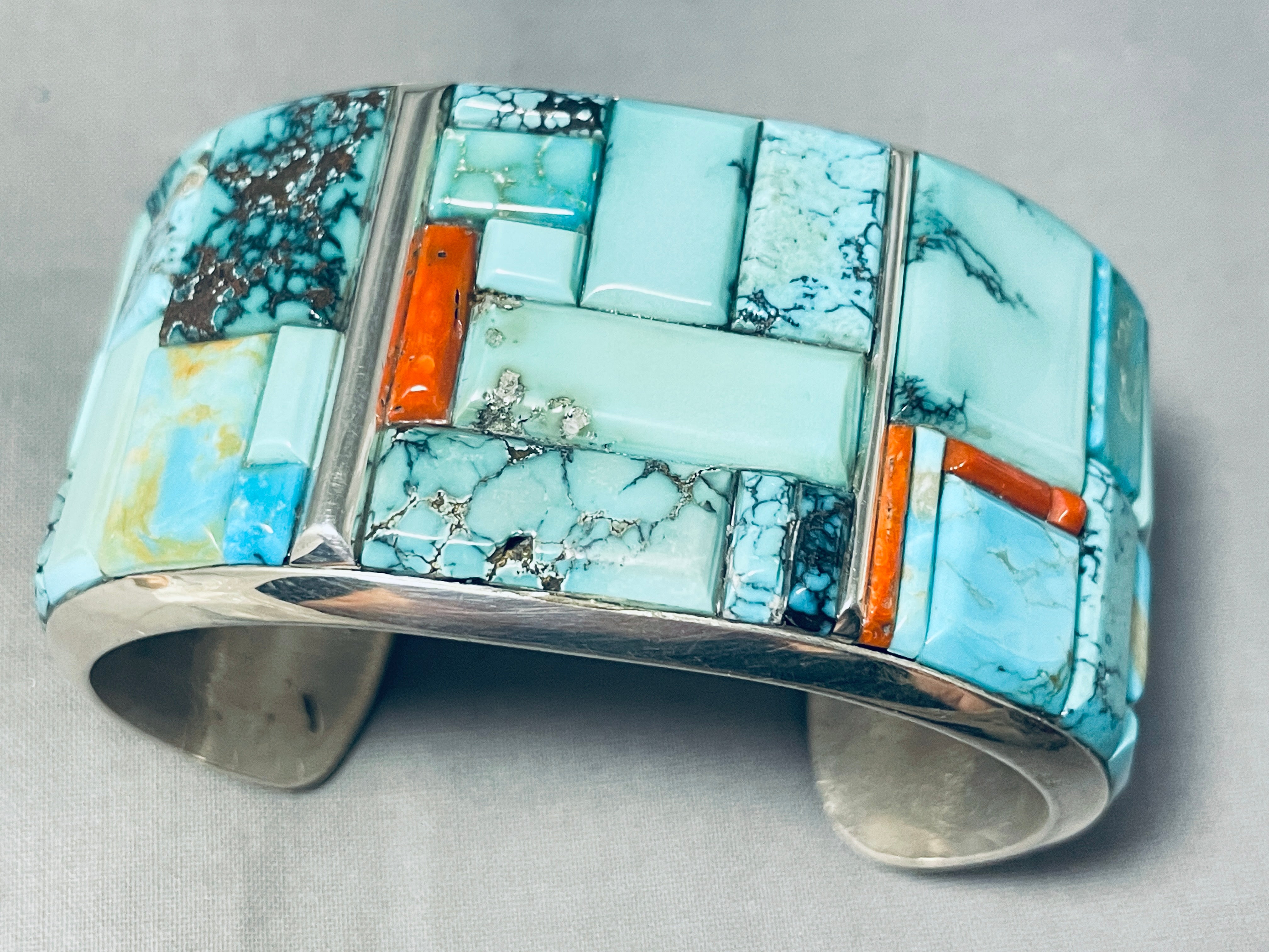 121 Gram Les James Turquoise Inlay Native American Navajo Sterling Silver Bracelet - Handmade Southwest Jewelry for Women, Boho Chic Accessories for Casual & Formal Occasions