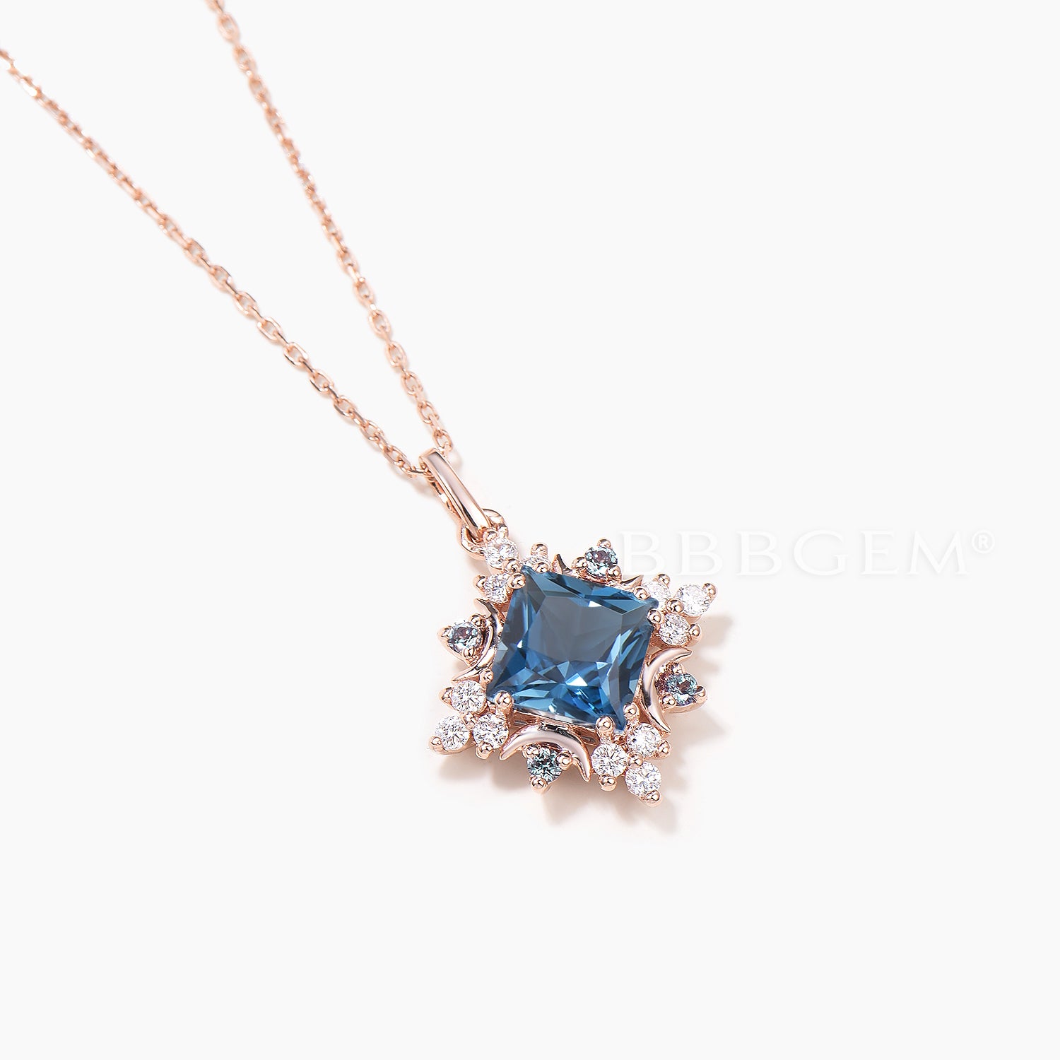 Exquisite Princess Cut Natural London Blue Topaz Halo Diamond Necklace | Elegant Jewelry Gift for Women | Perfect for Weddings, Anniversaries & Special Occasions