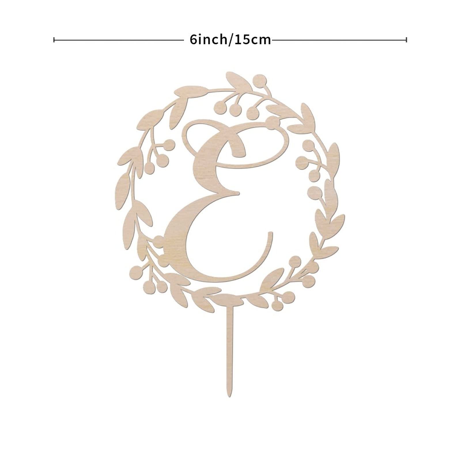 Personalized Wooden Monogram Cake Topper - Rustic Letter E Wreath Design for Wedding, Birthday & Anniversary Cakes - Handmade Cake Decoration (Design 11) | Perfect for Rustic Weddings, Birthday Celebrations & Special Occasions