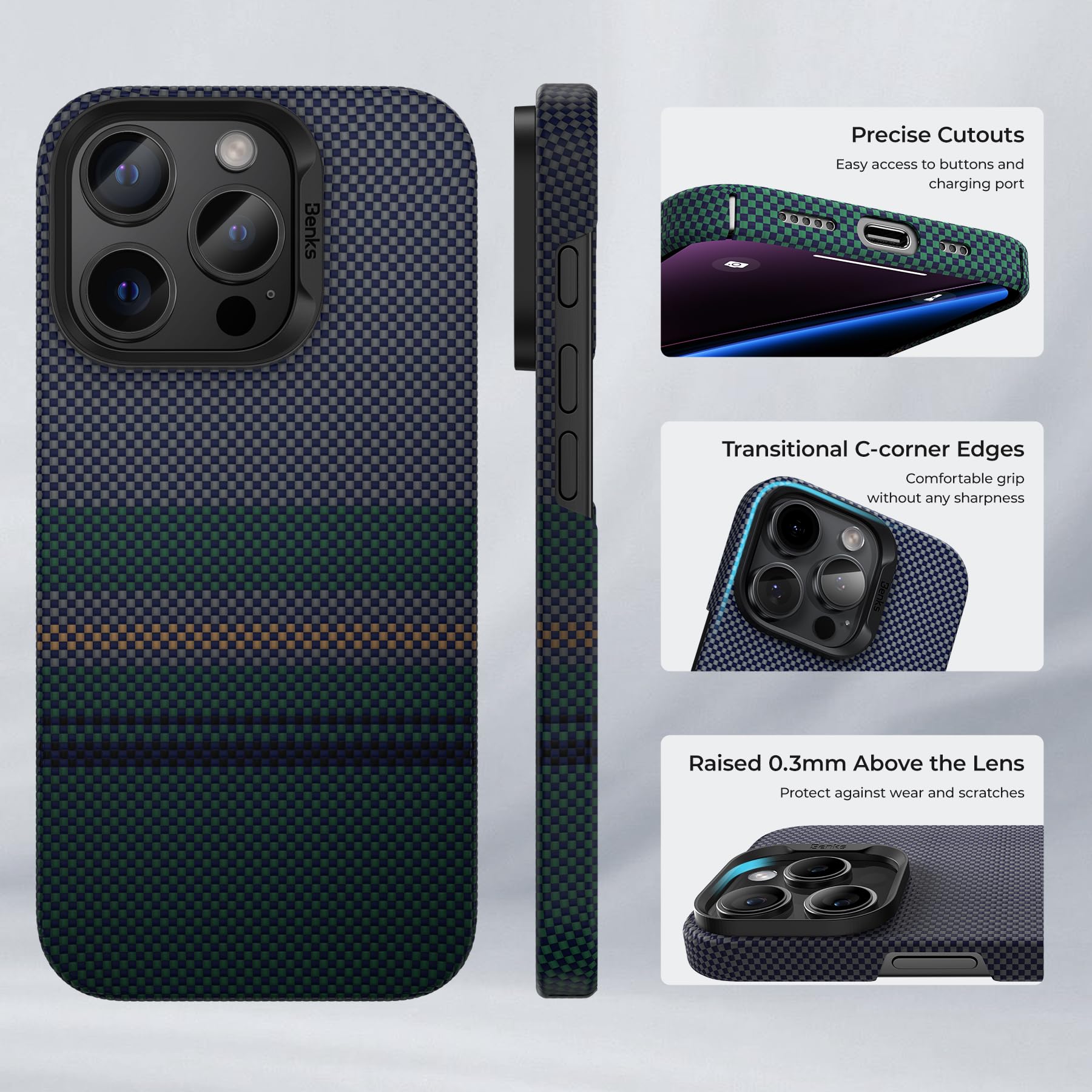 BENKS for iPhone 16 Pro Max Case with MagSafe Compatibility - Kevlar 600D Aramid Fiber Aurora ArmorAir - Ultra Slim Lightweight Protective Cover | Perfect for Daily Use, Travel & Outdoor Activities