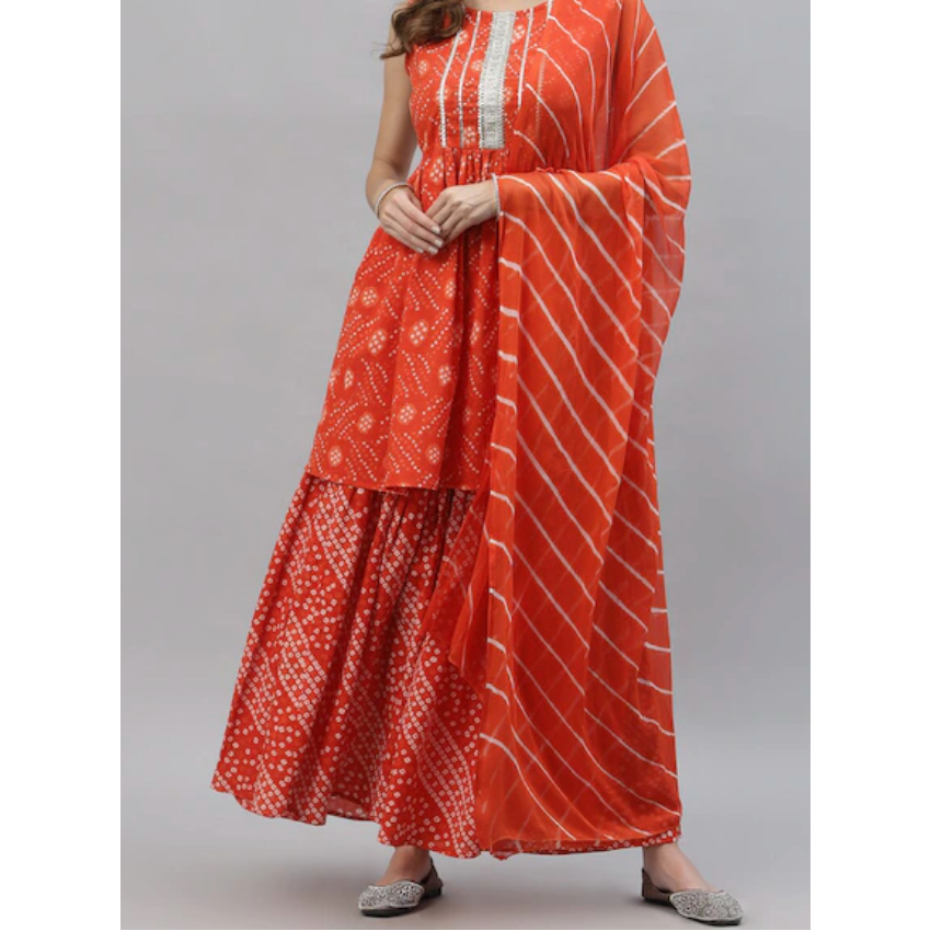 Women's Festive Orange Bandhini Printed Cotton Kurta Set - Perfect for Diwali, Weddings & Ethnic Parties | Comfortable Traditional Indian Outfit