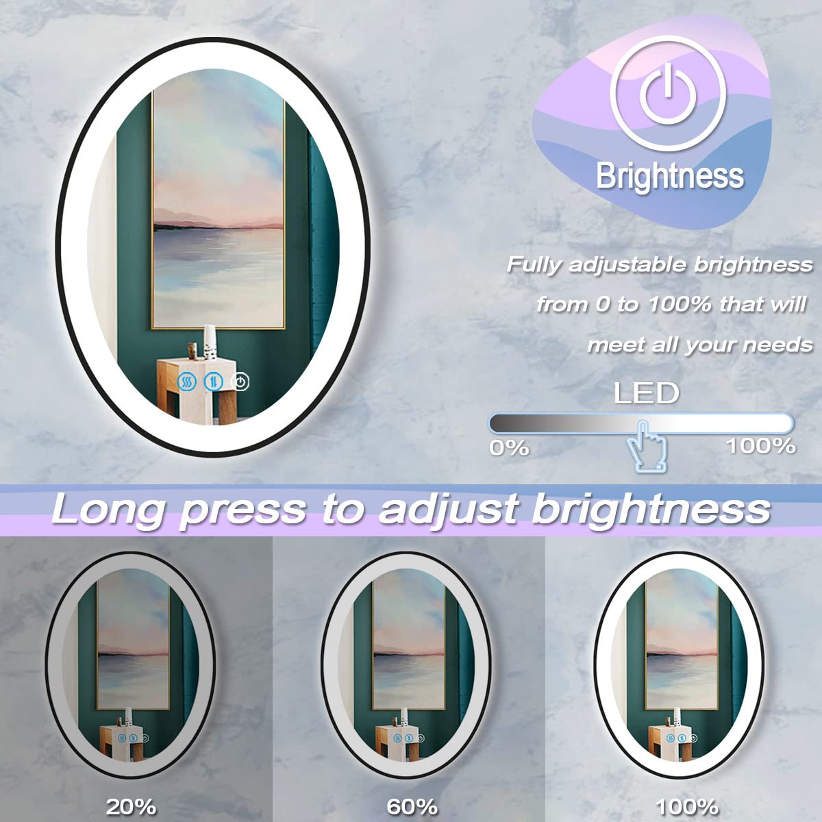Black LED Vanity Mirror 30x20 Inch - Anti Fog, Dimmable for Bathroom & Makeup