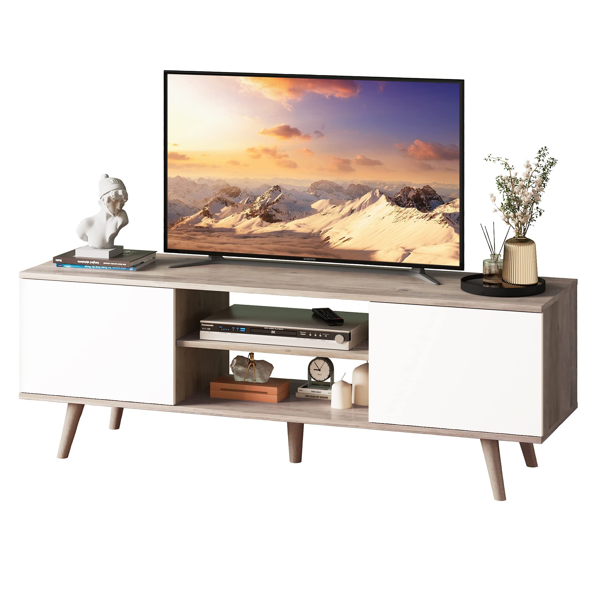 Modern TV Stand for 55-60 Inch TVs - Boho Style Entertainment Center with Storage Cabinets, Greige White TV Console for Living Room - Perfect for Home Theater Setup & Living Room Decor
