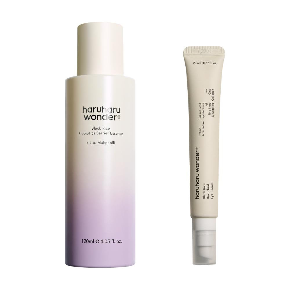 Haruharu Wonder Black Rice Probiotics Barrier Essence & Bakuchiol Eye Cream Set - Korean Skincare Duo for Hydration & Anti-Aging | Perfect for Dry Skin & Fine Lines