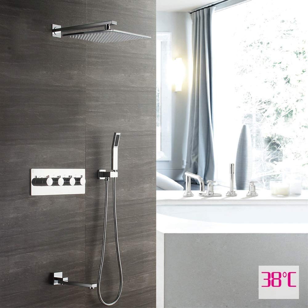 30cm Square Wall-Mounted Thermostatic Shower Set - Copper Shower Faucet with Booster Top Spray - 3 Mode Shower System (Fixed Showerheads) - Perfect for Modern Bathroom & Spa Experience