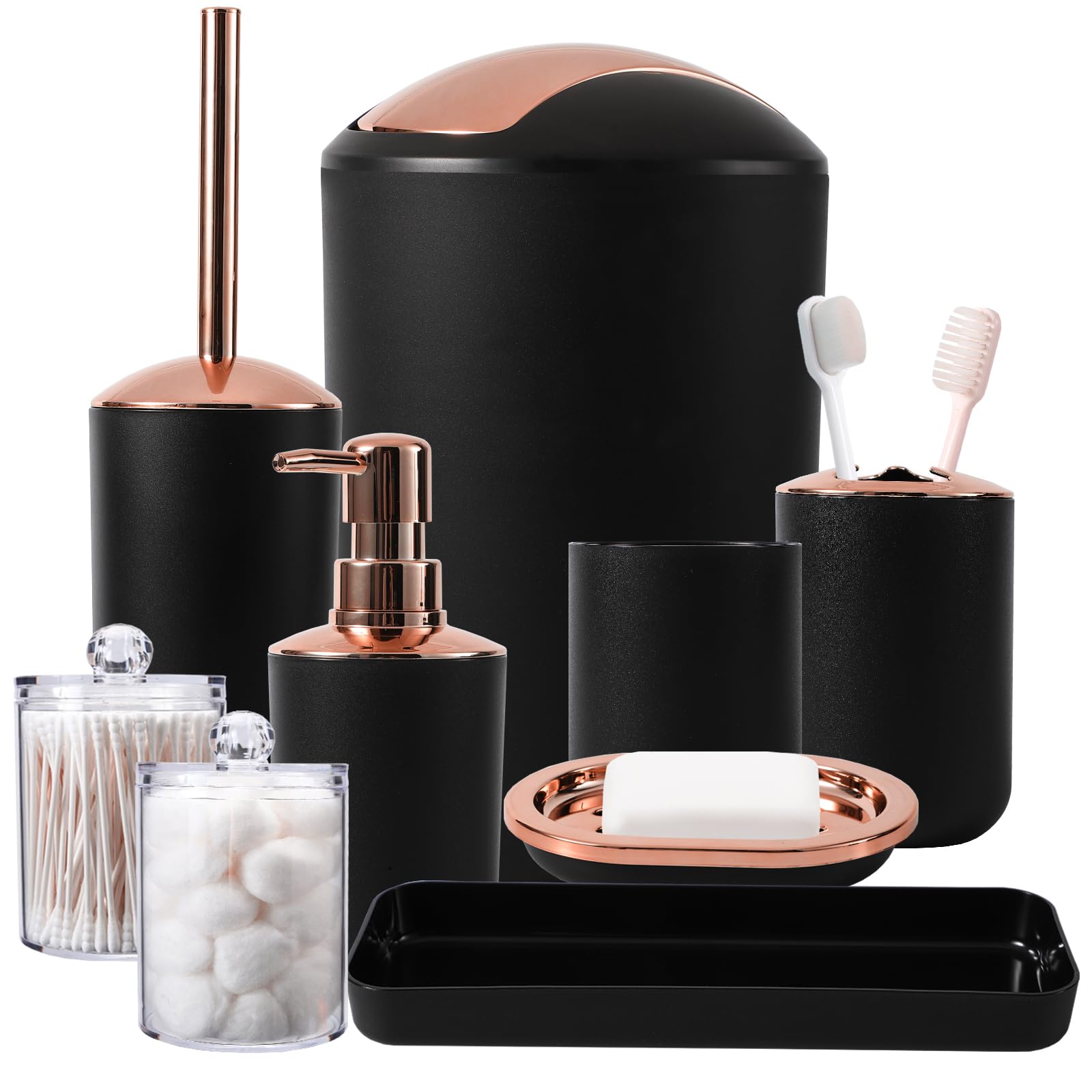 9-Piece Black Bathroom Accessories Set - Modern Trash Can, Soap Dispenser, Soap Dish, Toilet Brush with Holder, Toothbrush Holder, Tumbler Cup, Tray & Q-Tip Holders | Bathroom Countertop Organizer Essentials for Home & Hotel Use