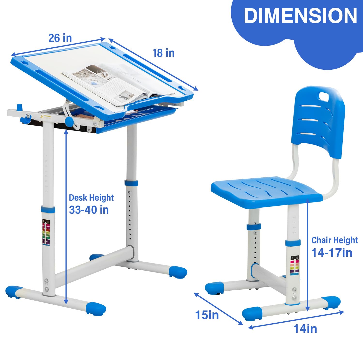 Adjustable Kids Desk and Chair Set - Ergonomic Study Table with Storage Drawer, Tilt Desktop & Metal Hook - Blue Children's Writing Desk for Home Schooling & Online Learning