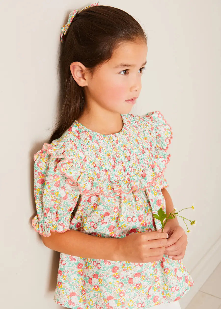 Clementine Floral Smock Detail Short Sleeve Blouse for Girls (2-12 Years) in Coral - Perfect for Spring Outfits & Special Occasions
