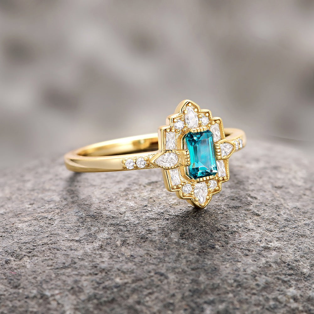 14K Yellow Gold Vermeil Art Deco London Blue Topaz Ring - Elegant Vintage Jewelry for Women, Perfect for Weddings, Anniversaries & Special Occasions