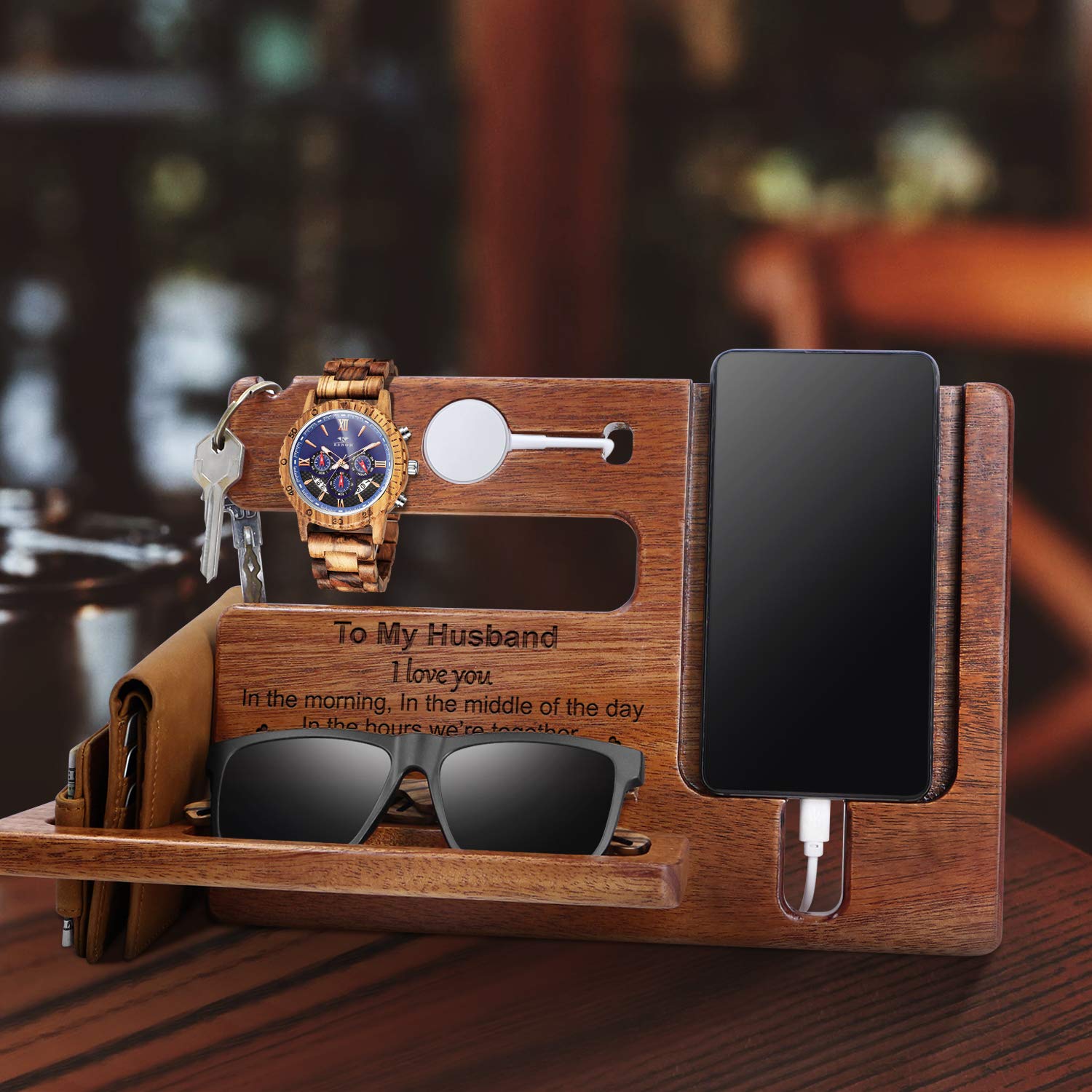 Personalized Wooden Docking Station & Nightstand Organizer - Engraved Keychain, Wallet, Watch Storage Rack for Men | Handmade Travel Gadget | Perfect Graduation & Birthday Gift for Husband | Ideal for Bedside, Office Desk & Travel Organization