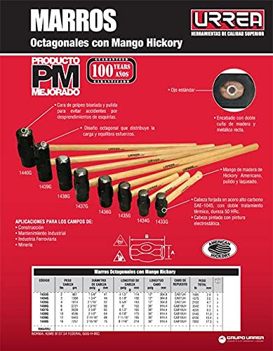 URREA 2-Pound Steel Sledge Hammer with Forged Striking Head & Hickory Wood Handle - Heavy Duty Drilling Hammer 1433G - Perfect for Construction, Demolition, and Metalworking Projects