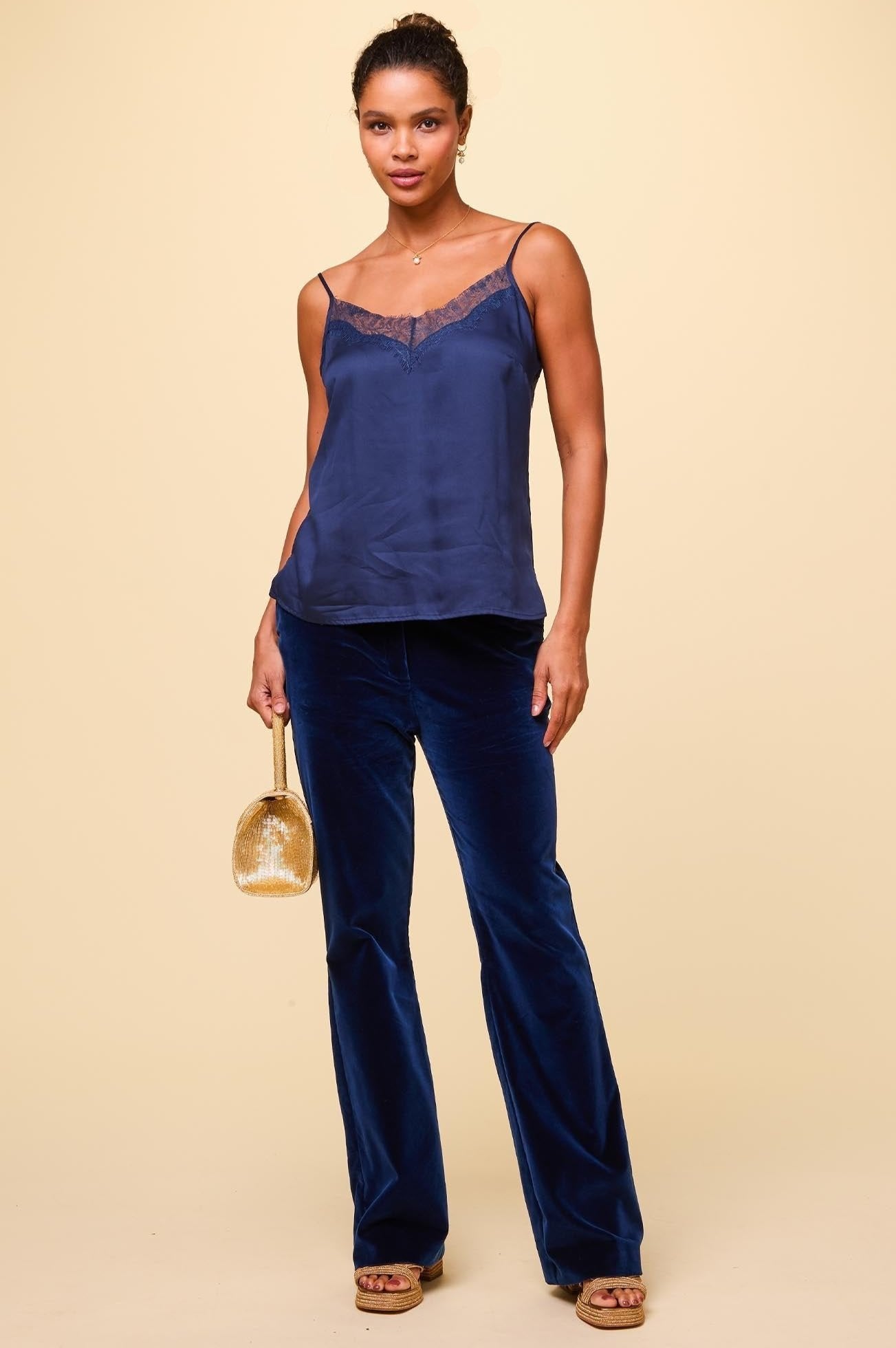 Luxury Velvet Pants for Women - Soft High Waist Stretch Palazzo Trousers in Midnight Blue | Perfect for Evening Parties, Date Nights & Special Occasions