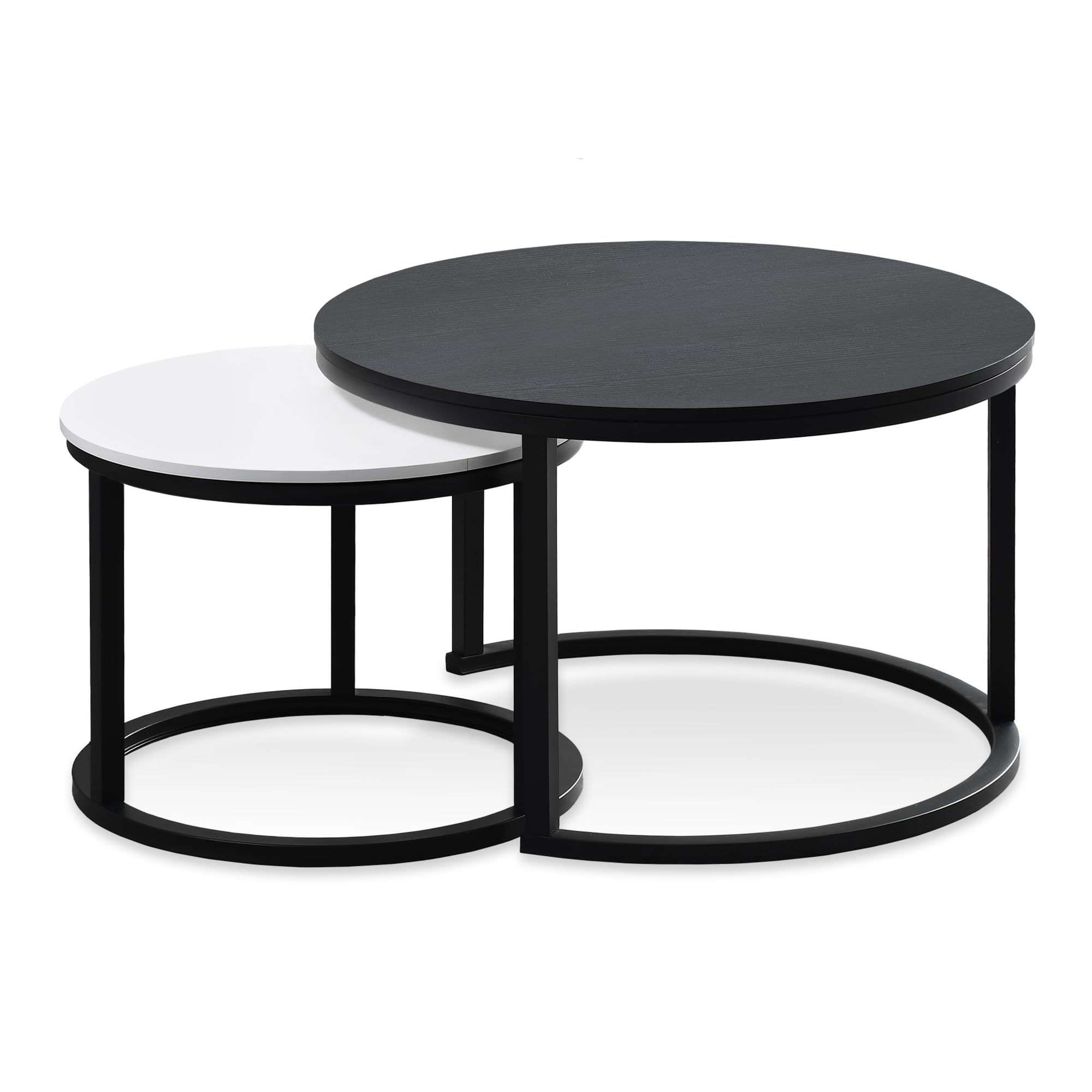 27.5 Inch Round Wood Coffee Tables Set of 2 - Modern Black and White Side Tables with Drawers for Small Spaces, Living Room, Bedroom & Office - Perfect for Coffee, Books & Decor
