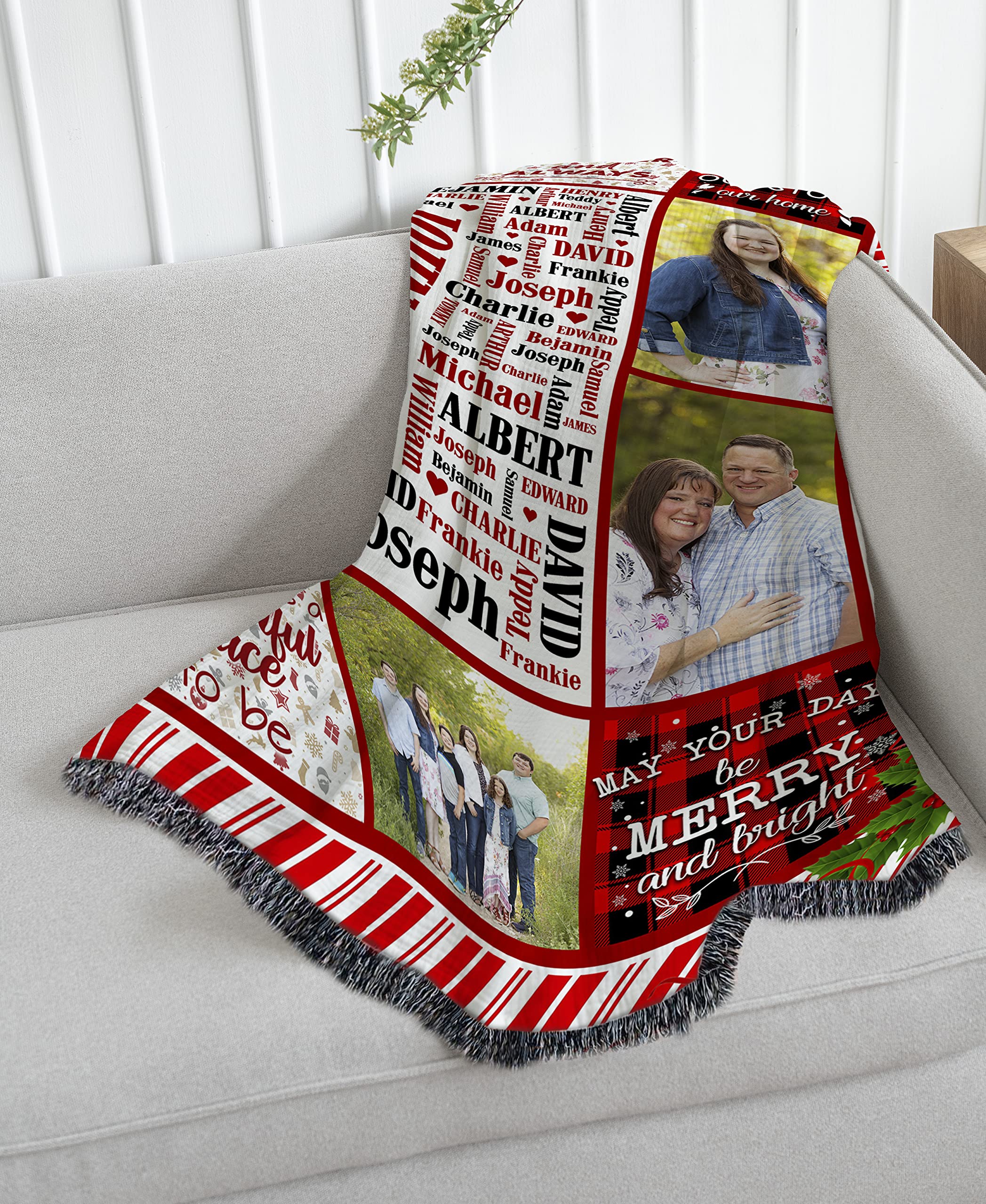 Custom Photo Blanket with Names - Personalized Family Blanket for Wedding, Anniversary, Christmas & Thanksgiving - 50x60 Inch Woven Throw Blanket for Home Decor, Gifts & Special Occasions