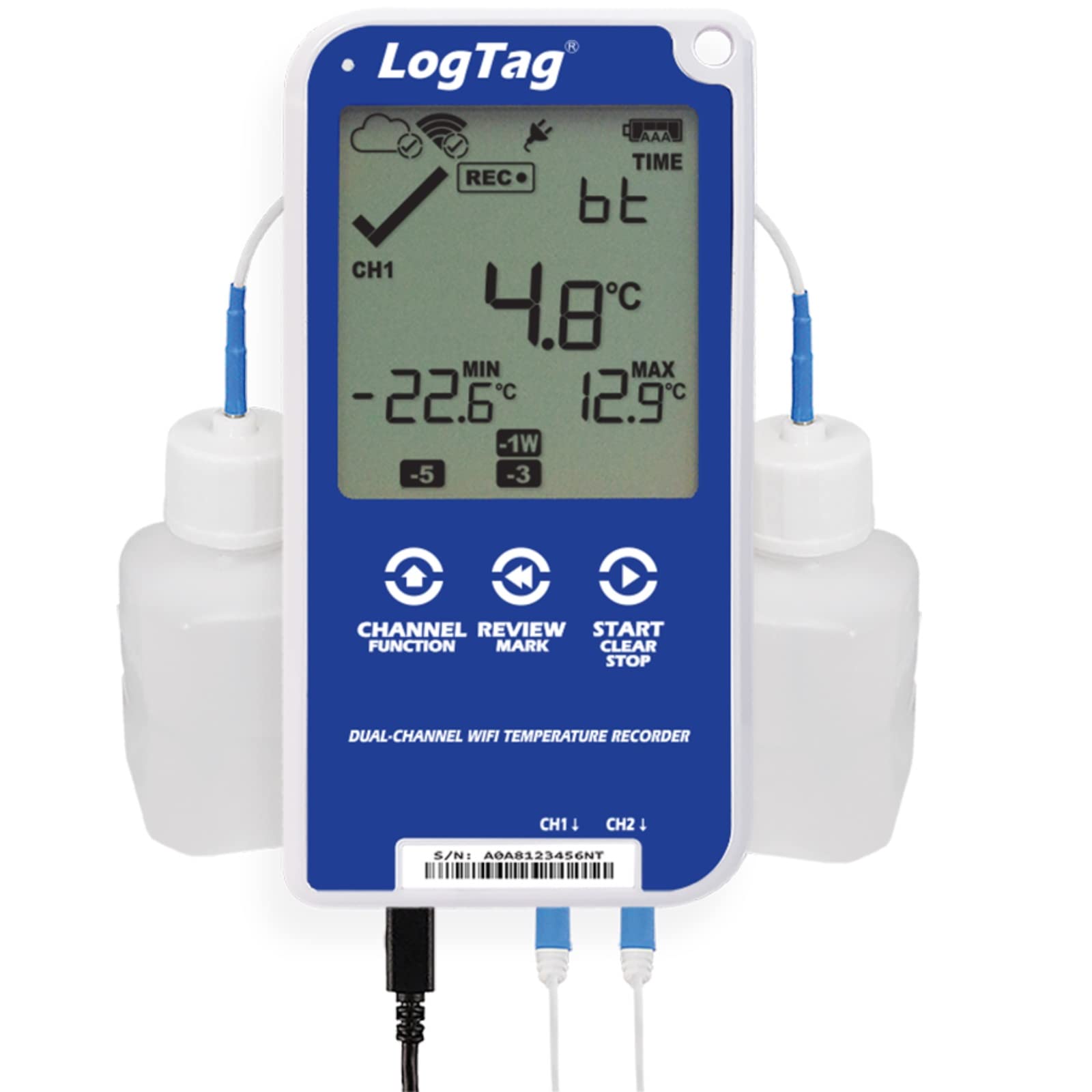 UTRED30-WiFi Dual Channel Temperature Data Logger Kit with 2 ST100K-15 External Probes, 2 Buffer Bottles, Wall Mount & NIST Certificate - Blue/White - Perfect for Food Safety Monitoring, Laboratory Research & Industrial Applications