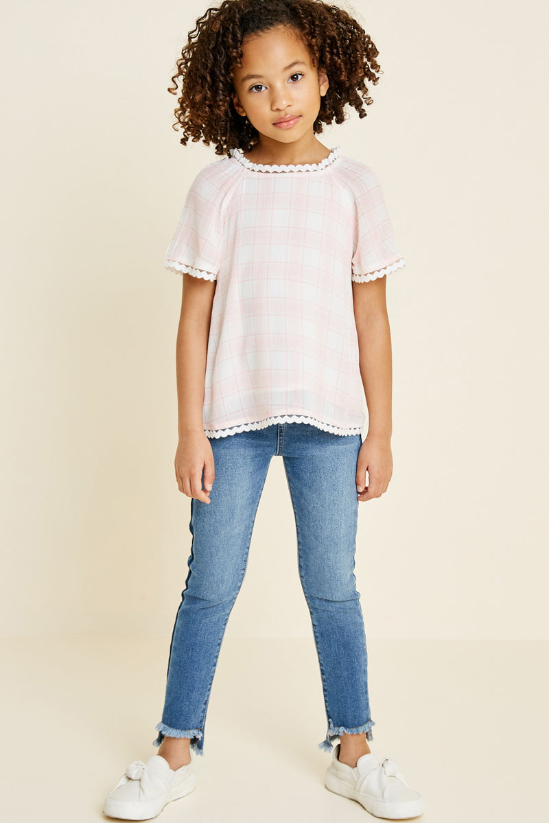 Stylish Plaid Crochet Trim Top for Women - Casual & Boho Chic Blouse for Everyday Wear, Date Nights & Summer Outfits