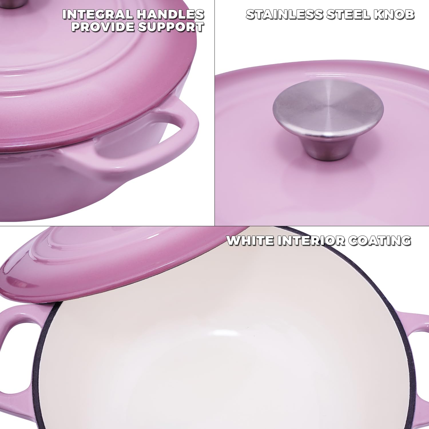 4.8 QT Pink Enameled Cast Iron Dutch Oven with Lid & Handles - Perfect for Bread Baking, Stews, Soups & Camping Cooking - Heavy Duty Oven & Stovetop Safe Cookware