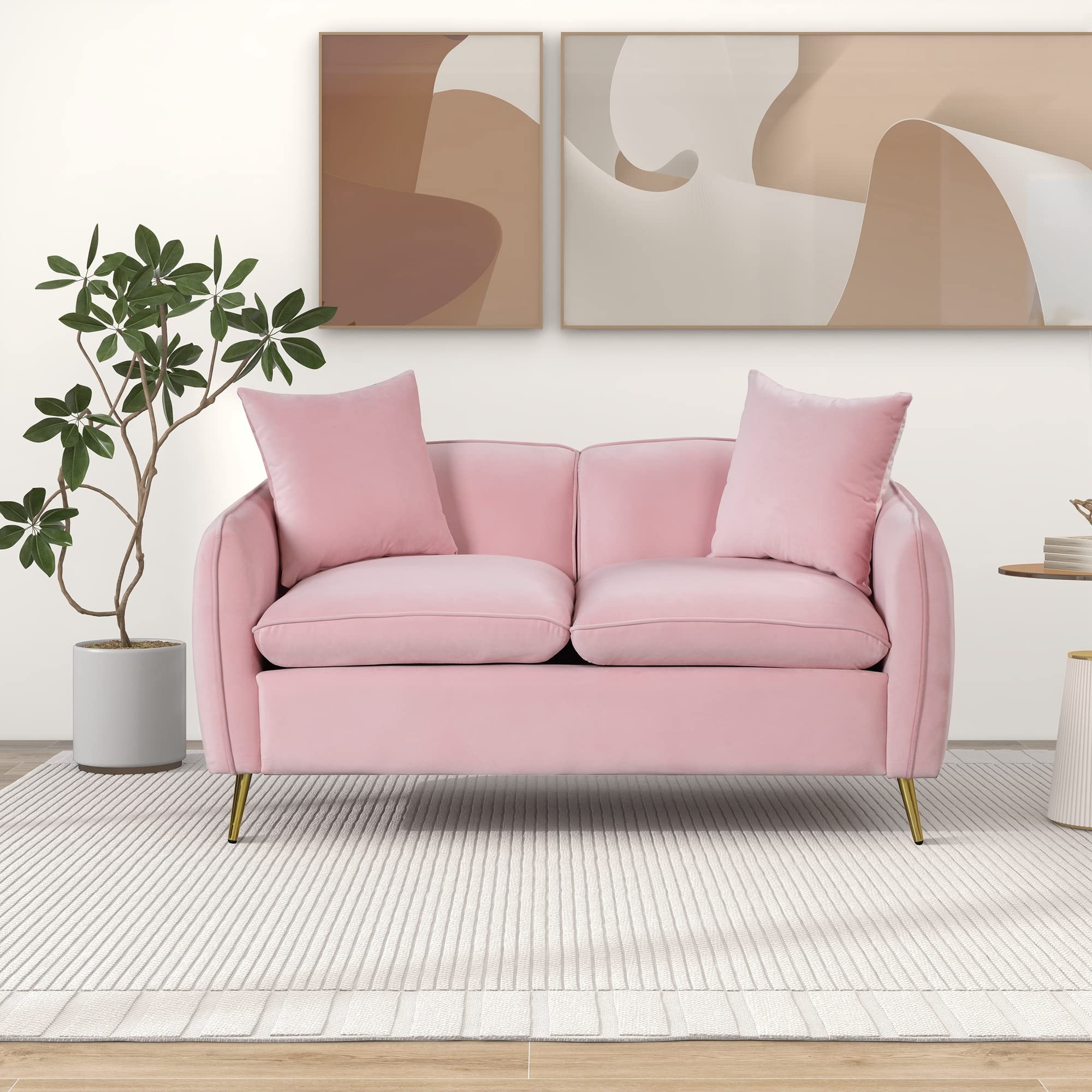 Harper & Bright Designs Velvet Upholstered 2-Seater Loveseat Sofa with Golden Metal Legs & 2 Pillows - Pink Modern Couch for Living Room, Apartment & Office | Side Storage Pockets | Luxurious Home Decor for Small Spaces & Cozy Sitting Areas
