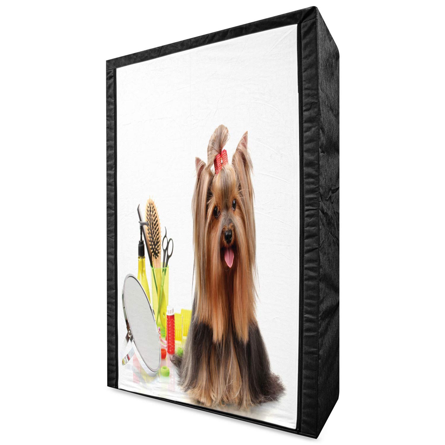 Ambesonne Yorkie Portable Fabric Wardrobe - Yorkshire Terrier Dog Theme with Hairdressing Tools & Mirror | 42.5 Inch Clothing Organizer & Storage Closet with Shelves | Dark Brown Multicolor | Perfect for Pet Grooming Salons, Dog Lovers' Bedrooms & Small Space Organization