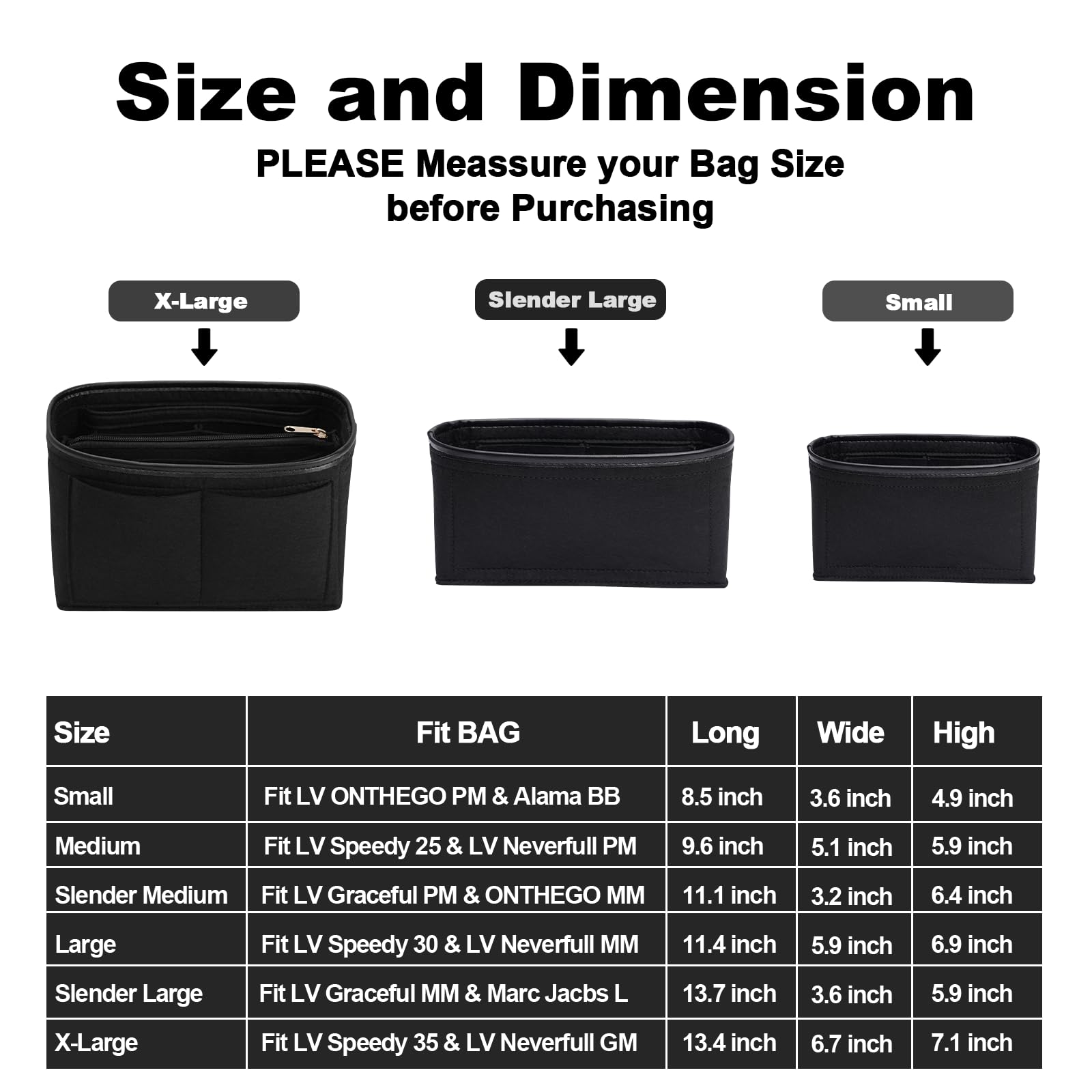Premium Felt Purse Organizer Insert with Metal Zipper - 6 Sizes for Tote Bags - Compatible with Neverfull, Speedy & More - Perfect for Travel, Work & Daily Organization