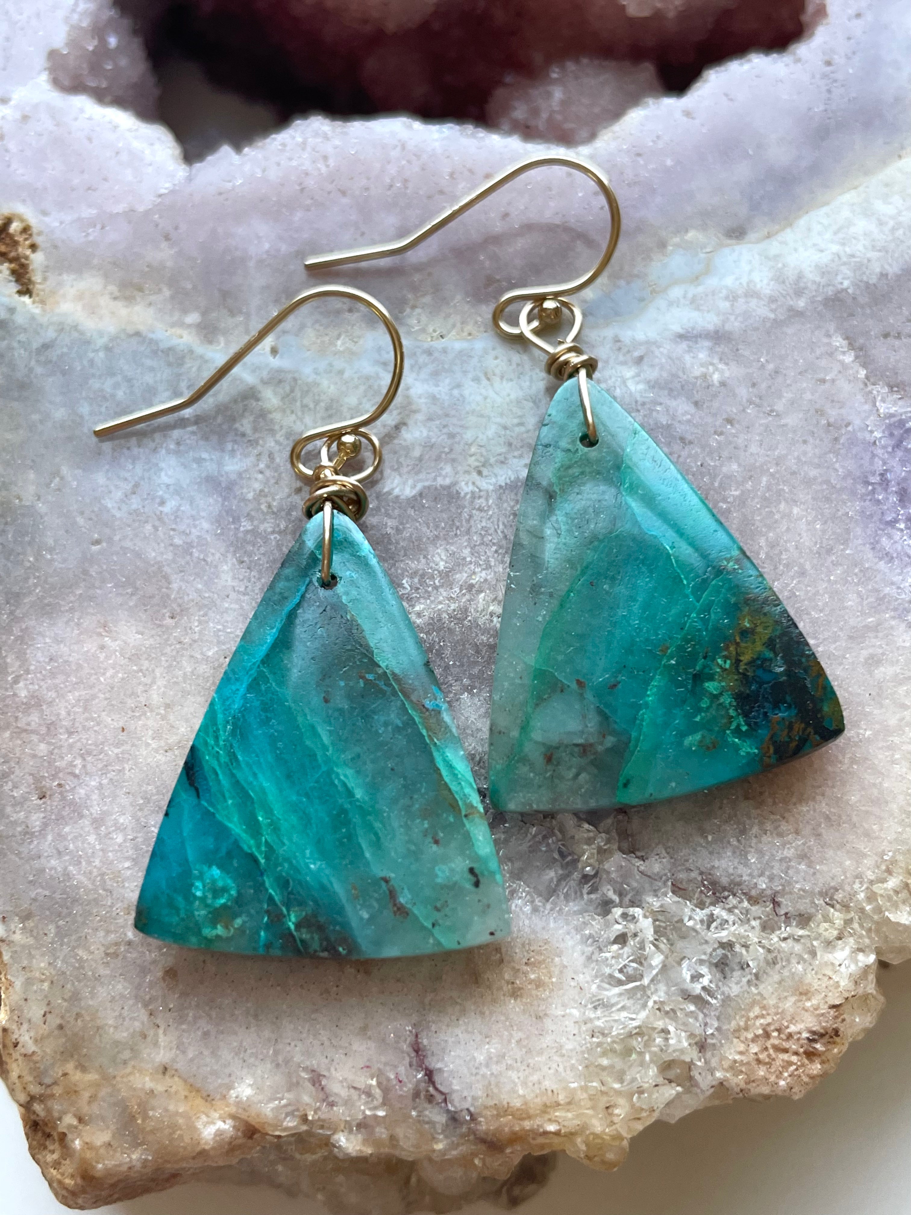 Large Chrysocolla Gold Filled Statement Crystal Gemstone Earrings for Women - Elegant Boho Jewelry for Parties, Weddings & Special Occasions